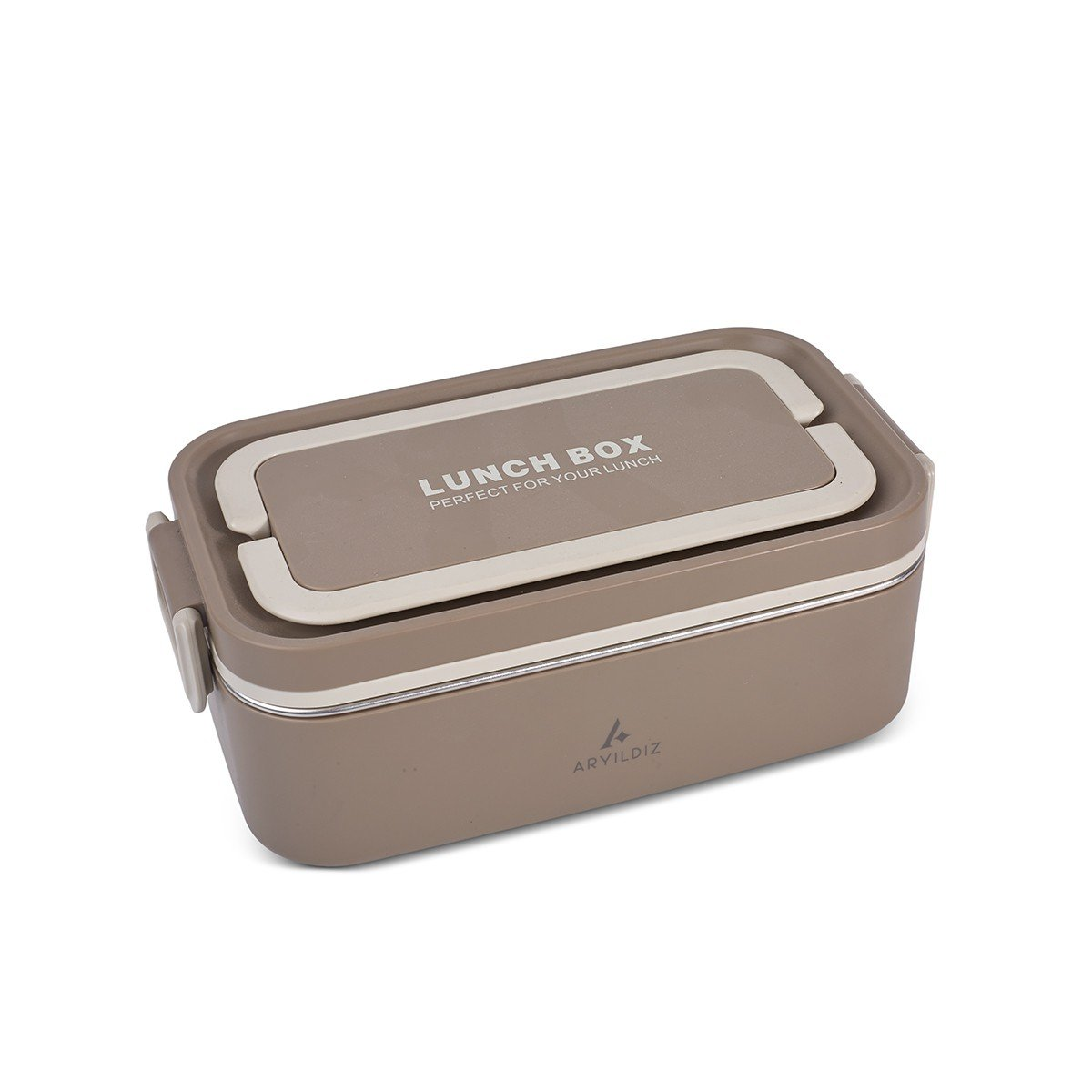 Bej rengi kapaklı ve gümüş klipsli kahverengi beslenme kutusu. Yazı: LUNCH BOX.