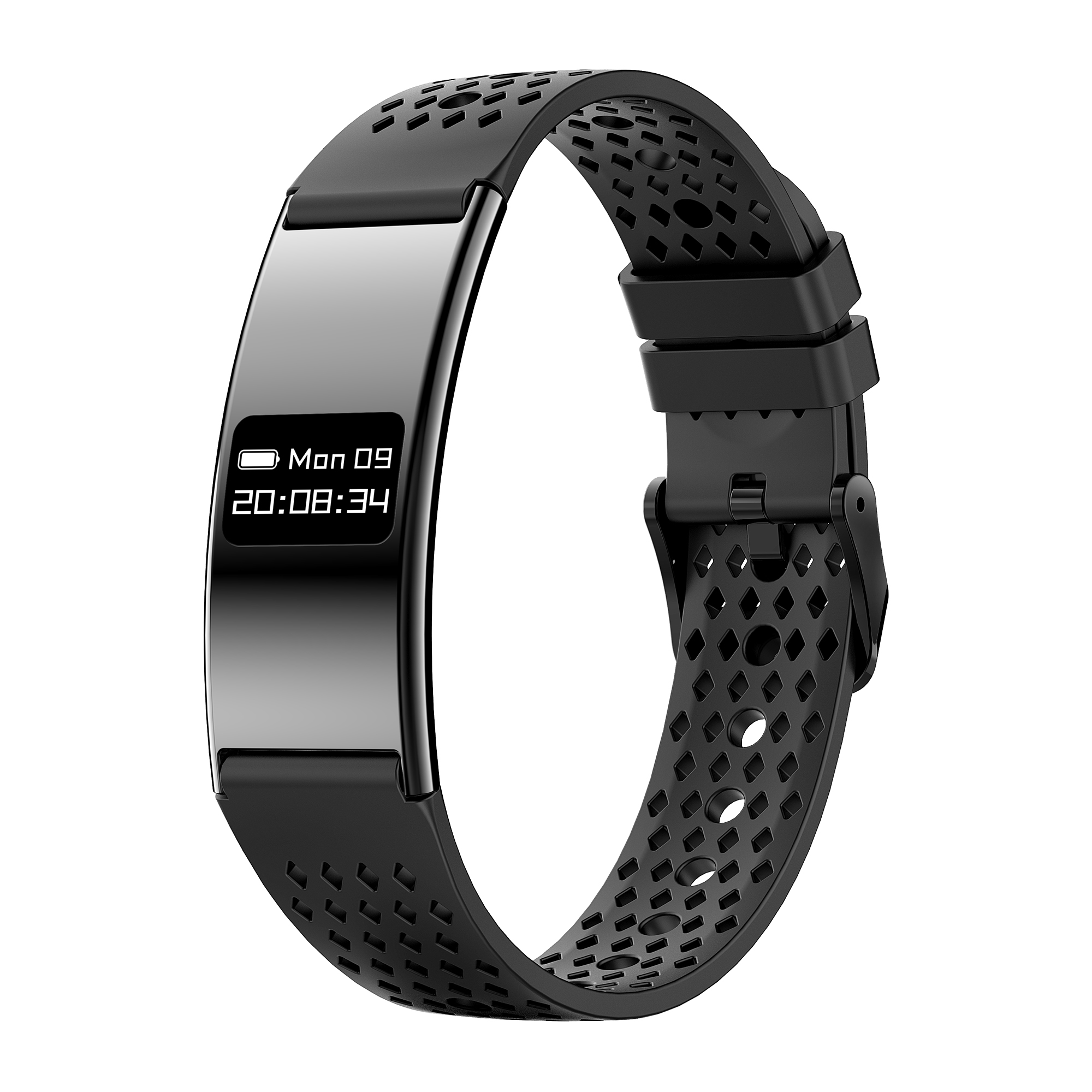 Czarna opaska fitness z perforowanym wzorem i cyfrowym wyświetlaczem daty i godziny.