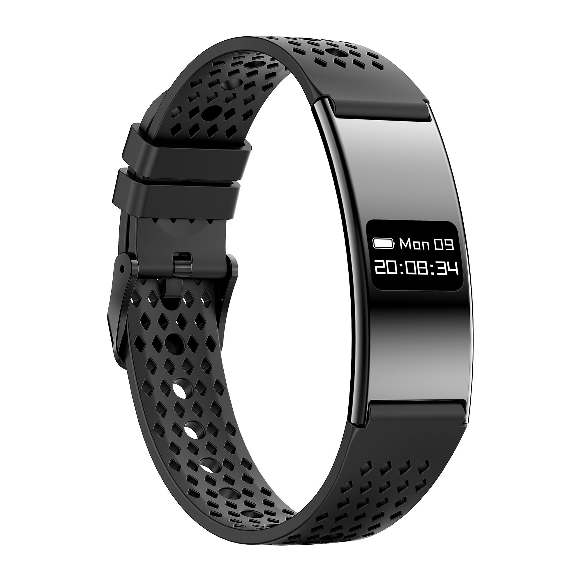 Czarna opaska fitness z dziurkowanym wzorem i cyfrowym wyświetlaczem: Pon 09, 20:08:34.