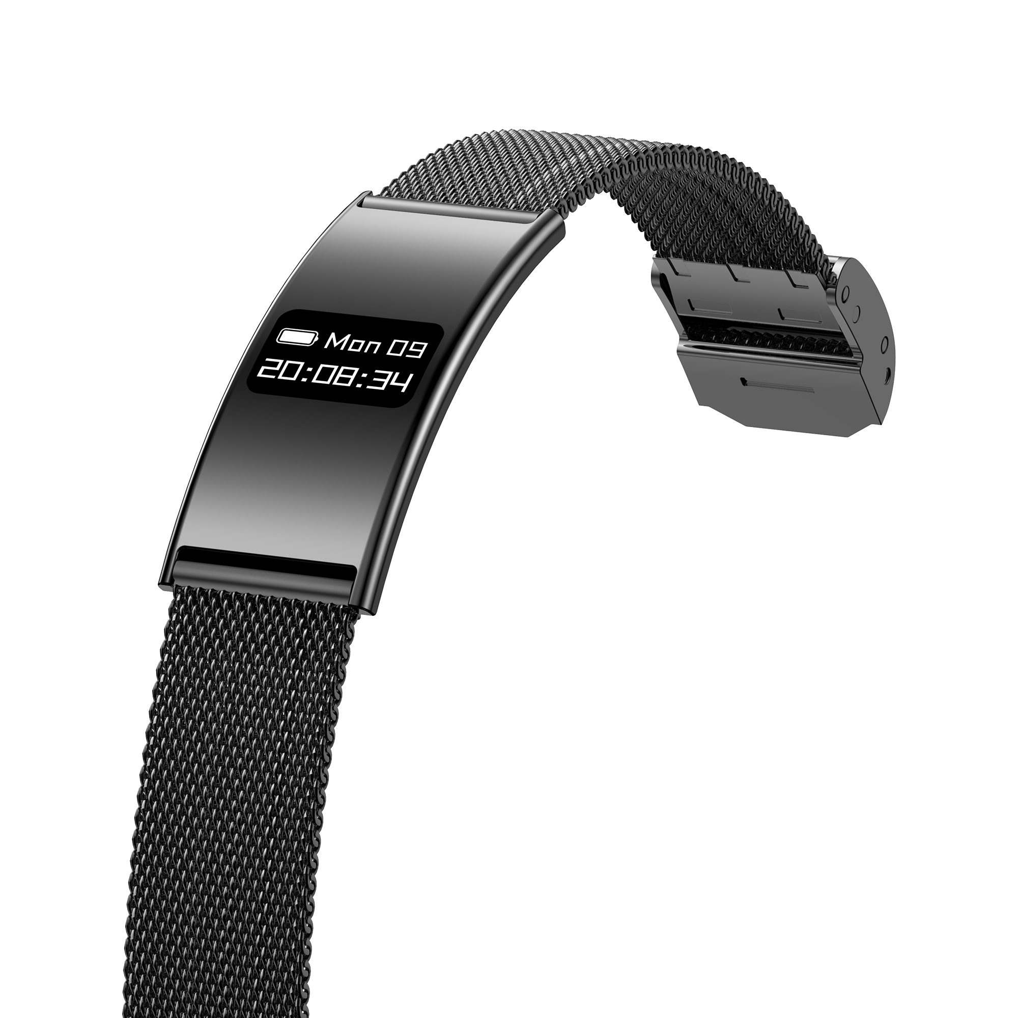 Czarna, siatkowa bransoleta smartwatch z cyfrowym wyświetlaczem: Pon 09, 20:08:34.