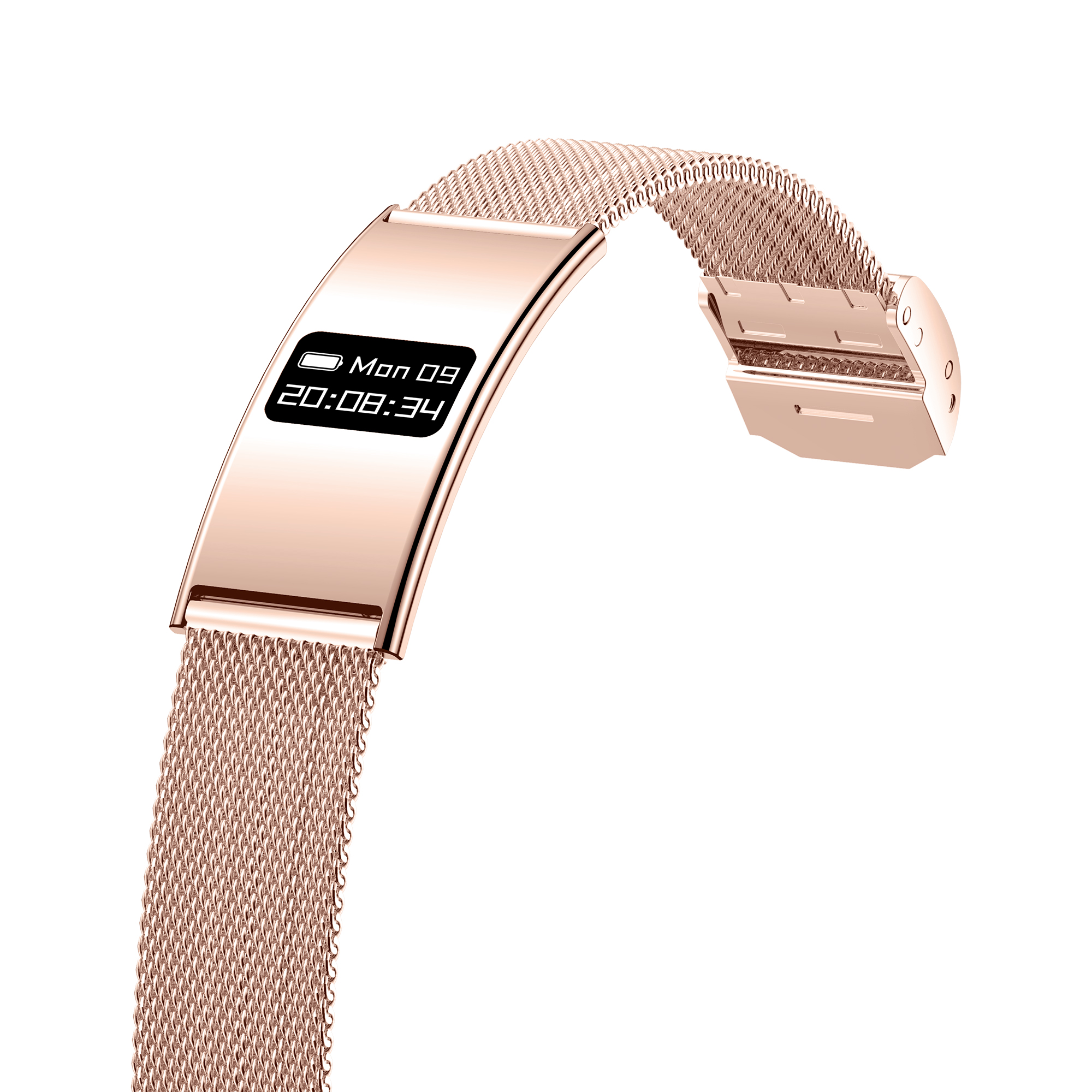 Różowo-złoty smartwatch z siatkową bransoletą i cyfrowym wyświetlaczem.
