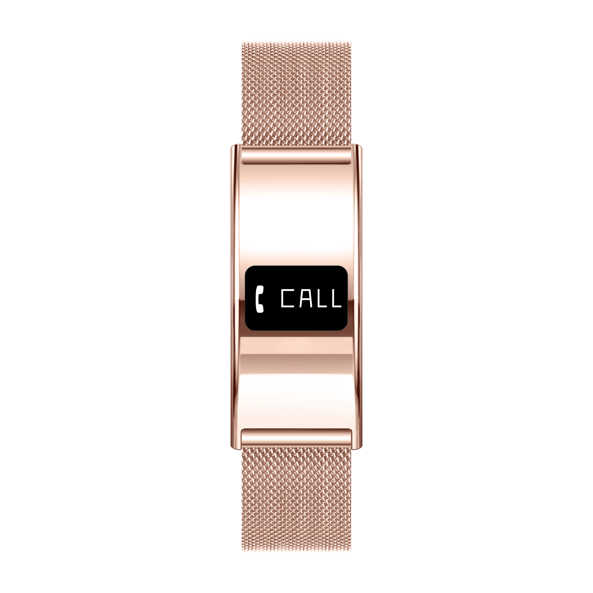 Różowo-złoty smartwatch z siatkową bransoletą wyświetla 
