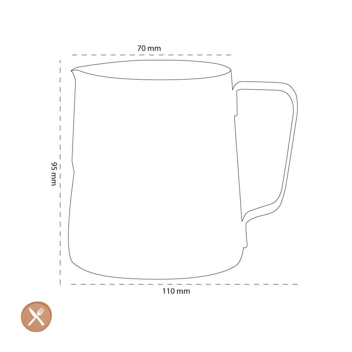 Dibujo técnico de una jarra de leche con dimensiones: 70 mm ancho, 95 mm alto, 110 mm largo.