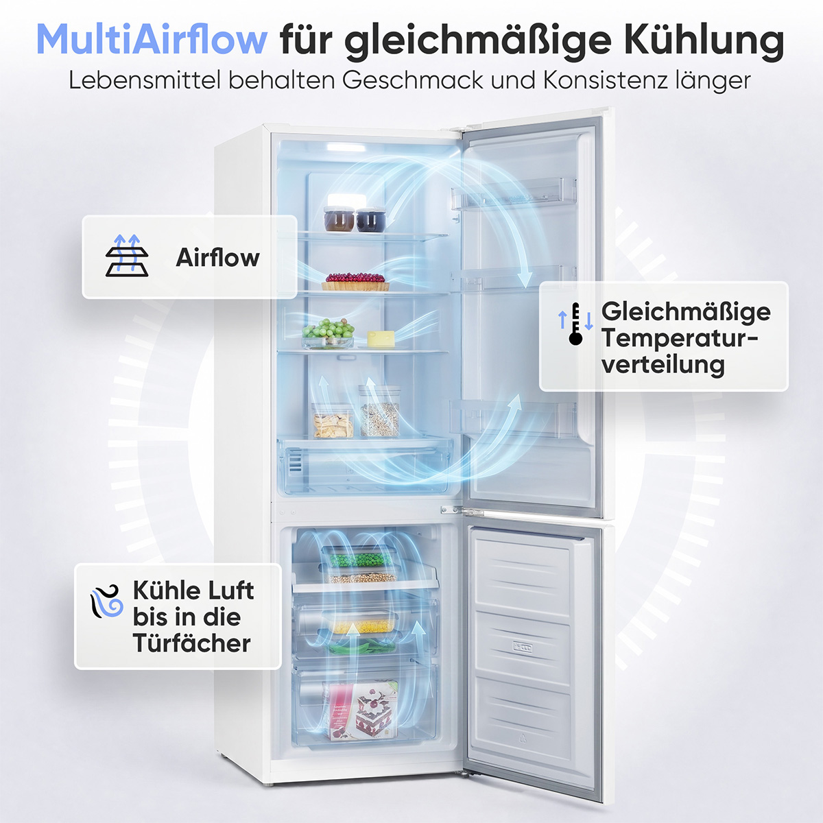 Ein offener Kühlschrank mit Mehrluftstrom-Funktion, der Lebensmittel zeigt.