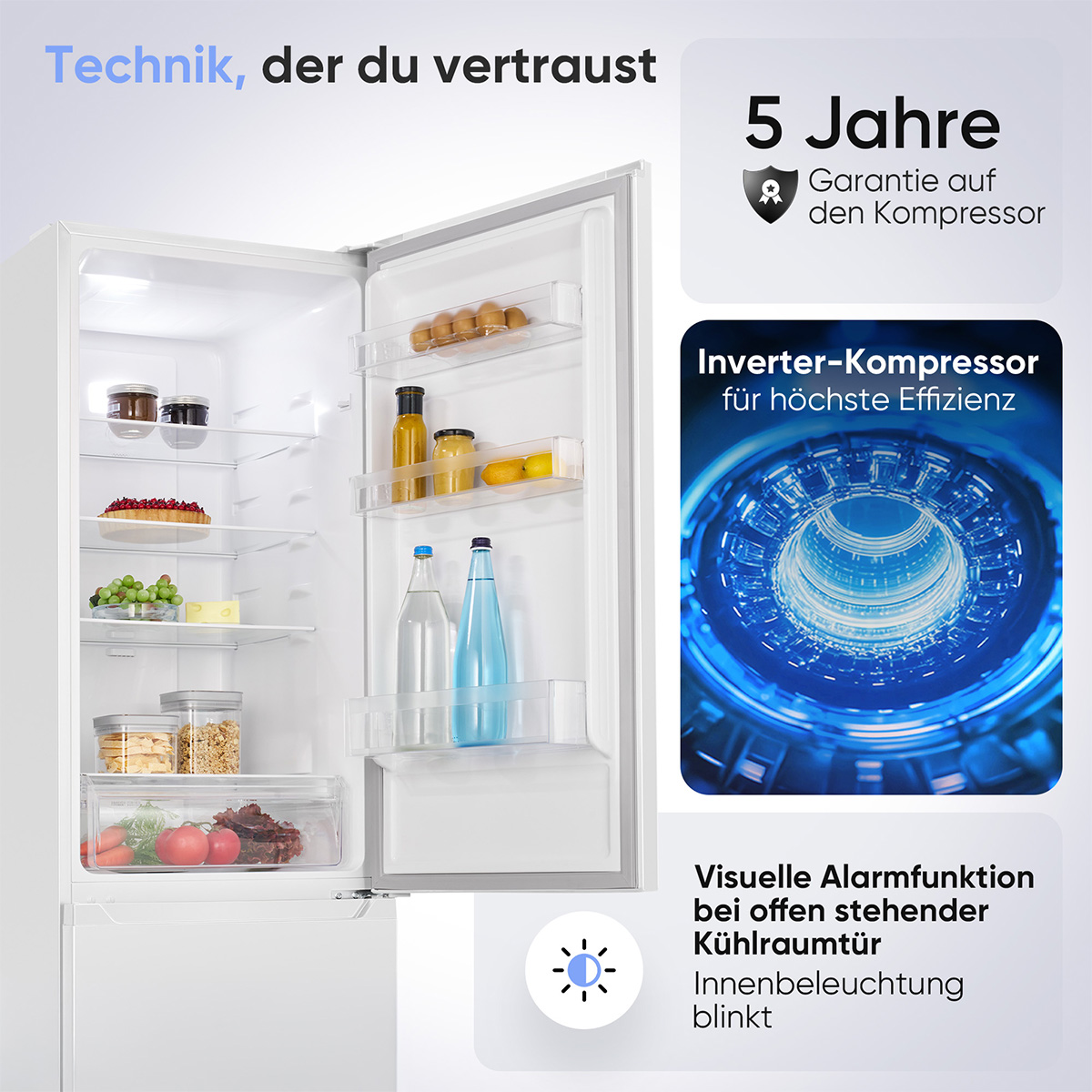 Ein offener Kühlschrank mit Lebensmitteln, Garantie und Kompressor-Info.