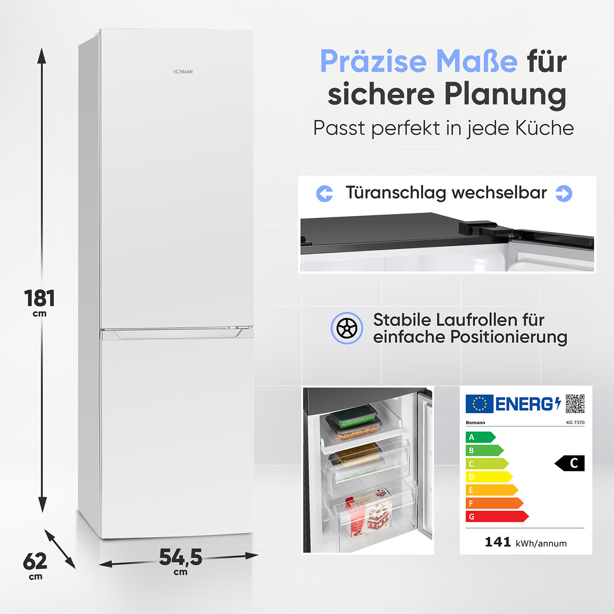Ein weißer Kühlschrank mit Maßen und Innenansichten. Energieeffizienzklasse C.