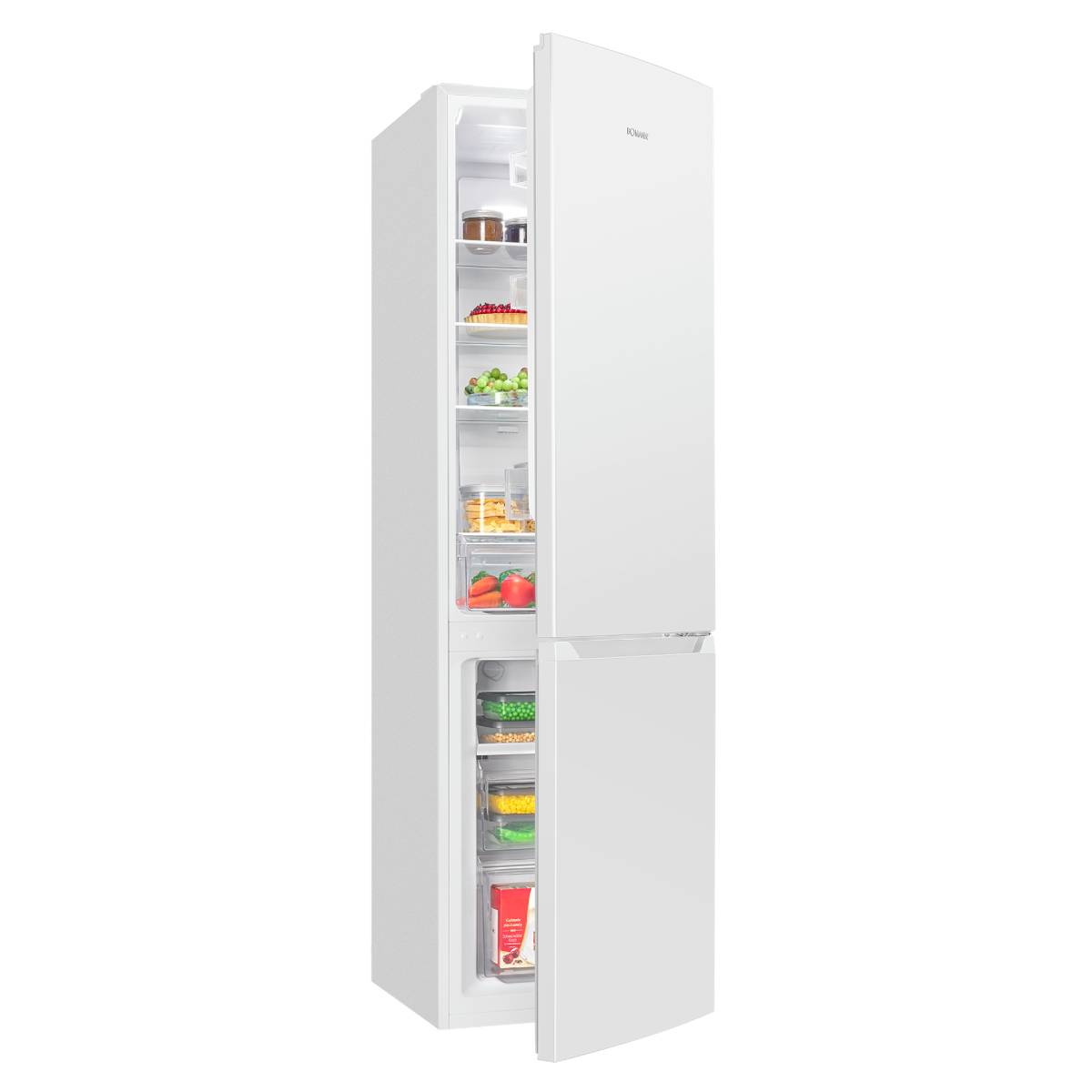 Ein weißer Kühlschrank mit geöffneter Tür, gefüllt mit Lebensmitteln wie Obst, Gemüse und Kuchen.