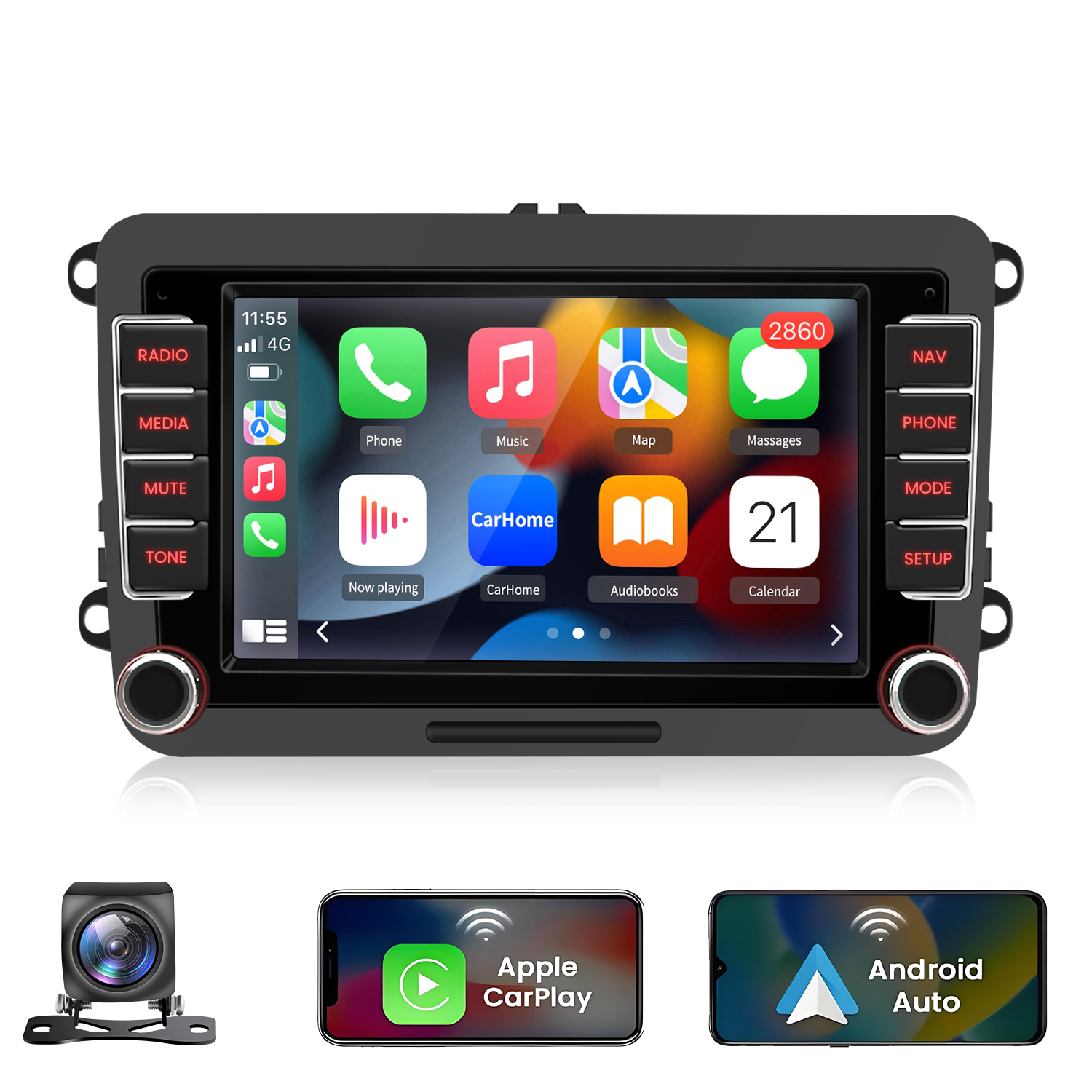 Samochodowy system infotainment z aplikacjami, kamerą i ekranami.