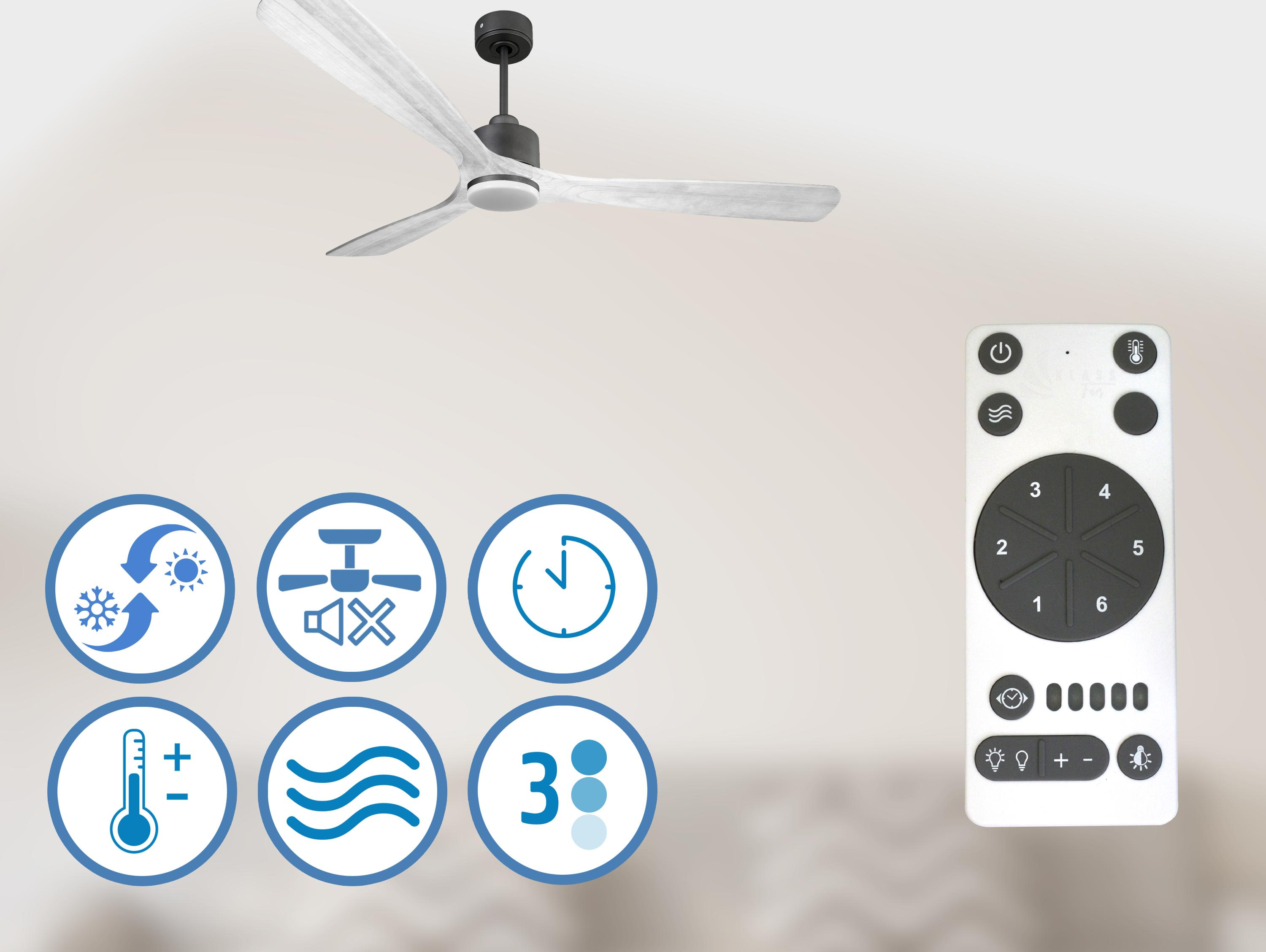 Ventilador de techo con mando a distancia e iconos para frío, calor, temporizador y volumen.