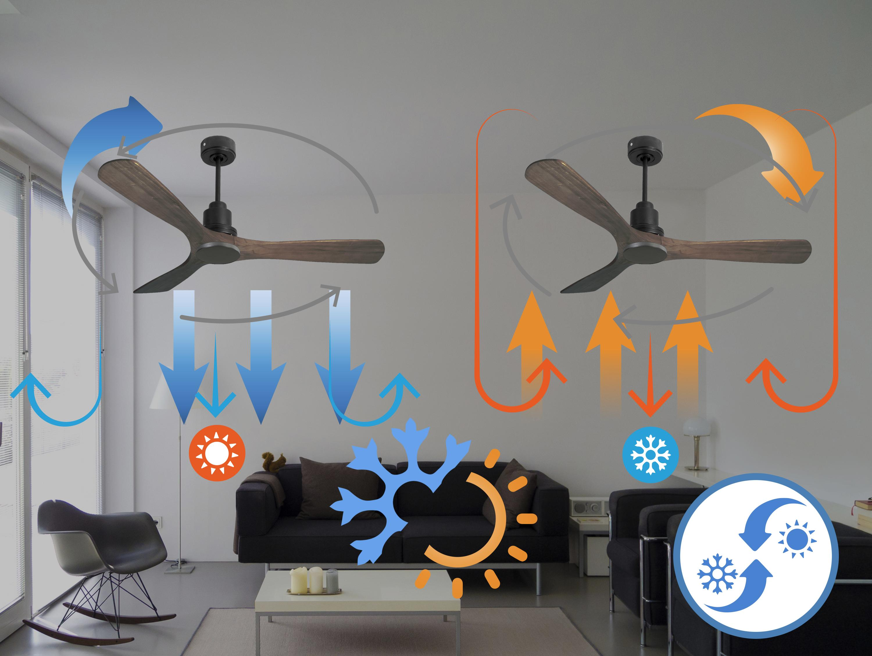 Ventilador de techo con flechas que ilustran los modos verano e invierno.