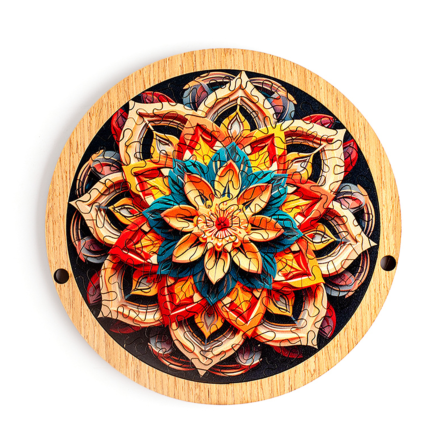 Puzzle rotondo in legno con un colorato disegno a mandala rosso, arancione, giallo e blu.