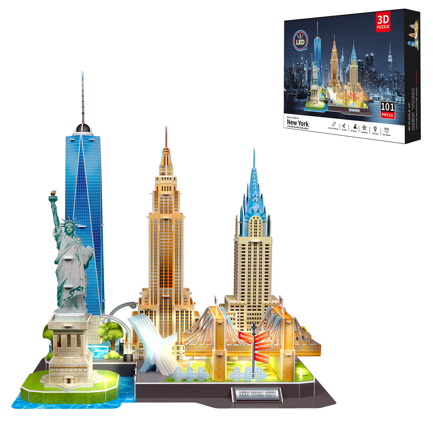 Modello puzzle 3D di monumenti di New York City, tra cui la Statua della Libertà, grattacieli e ponti.