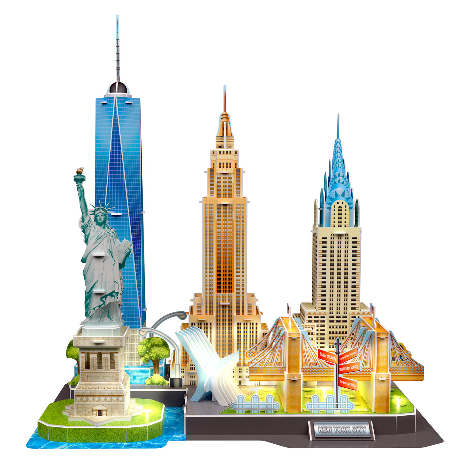 Un modello di New York con la Statua della Libertà, grattacieli e ponte.