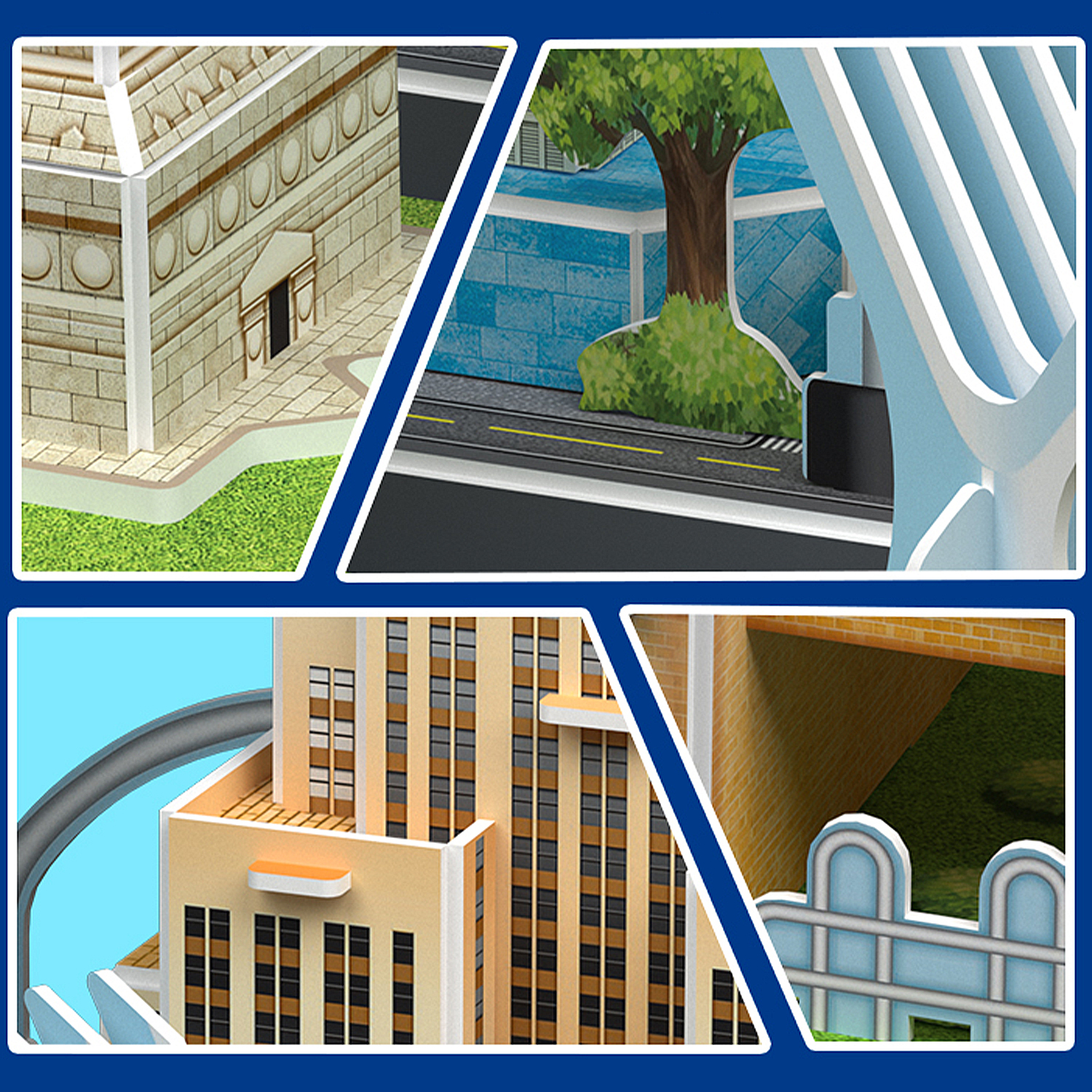 Collage di modelli di edifici in miniatura: pietra antica, città moderna, grattacielo, tunnel.