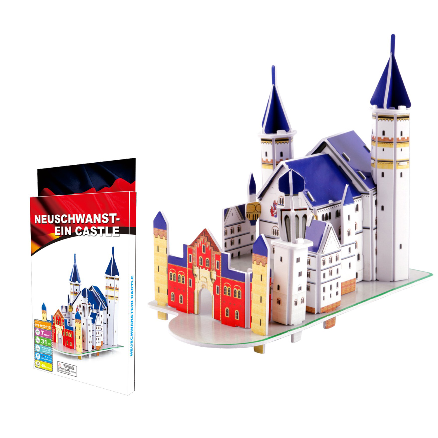 Puzzle 3D del Castello di Neuschwanstein, con confezione a sinistra.