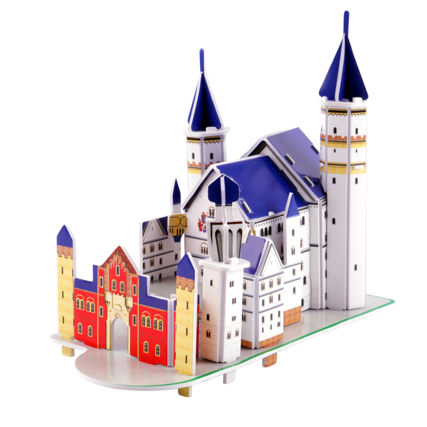 Un modello di puzzle 3D di un castello bianco e blu con accenti rossi su una base trasparente.