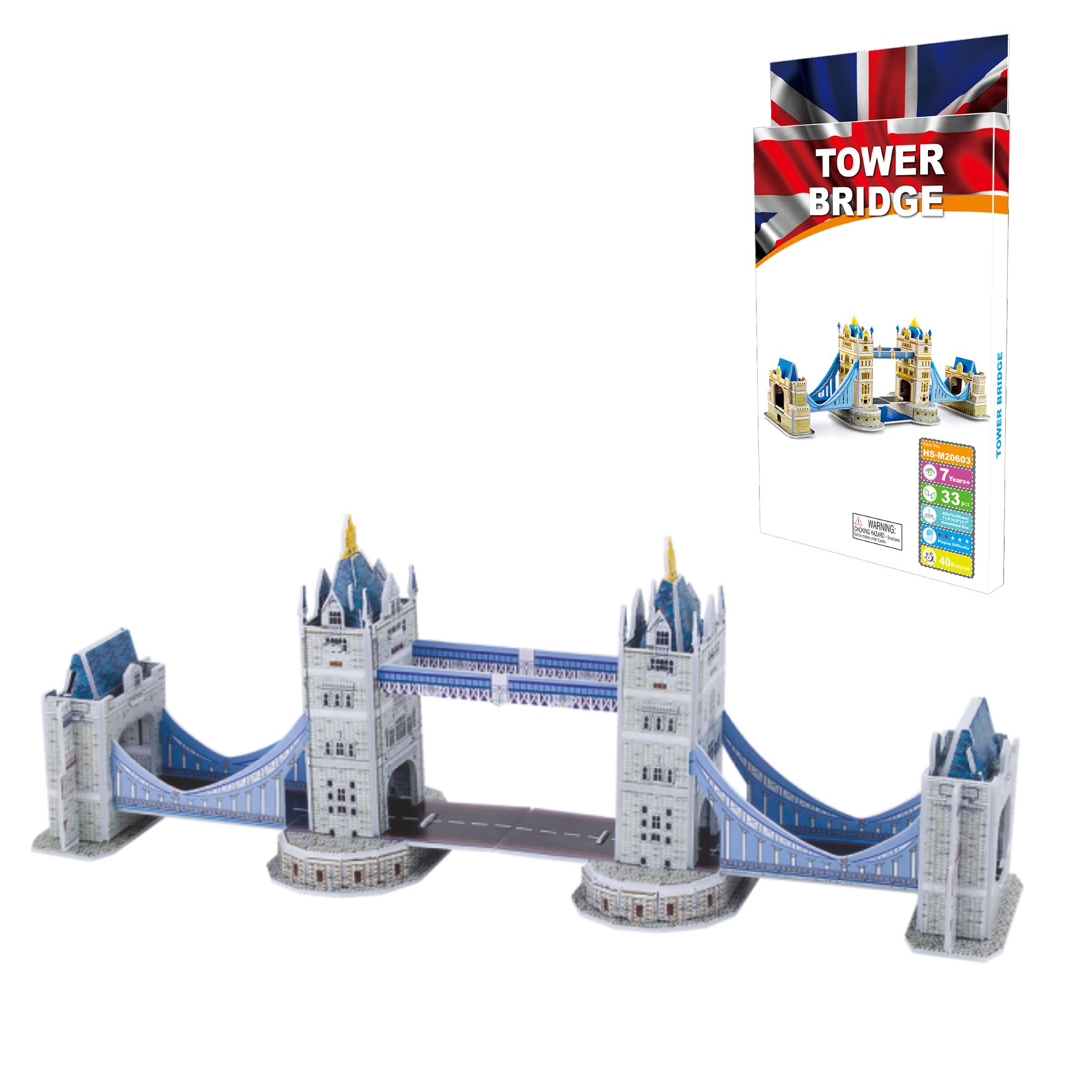 Un puzzle 3D del Tower Bridge con bandiera del Regno Unito sulla scatola.