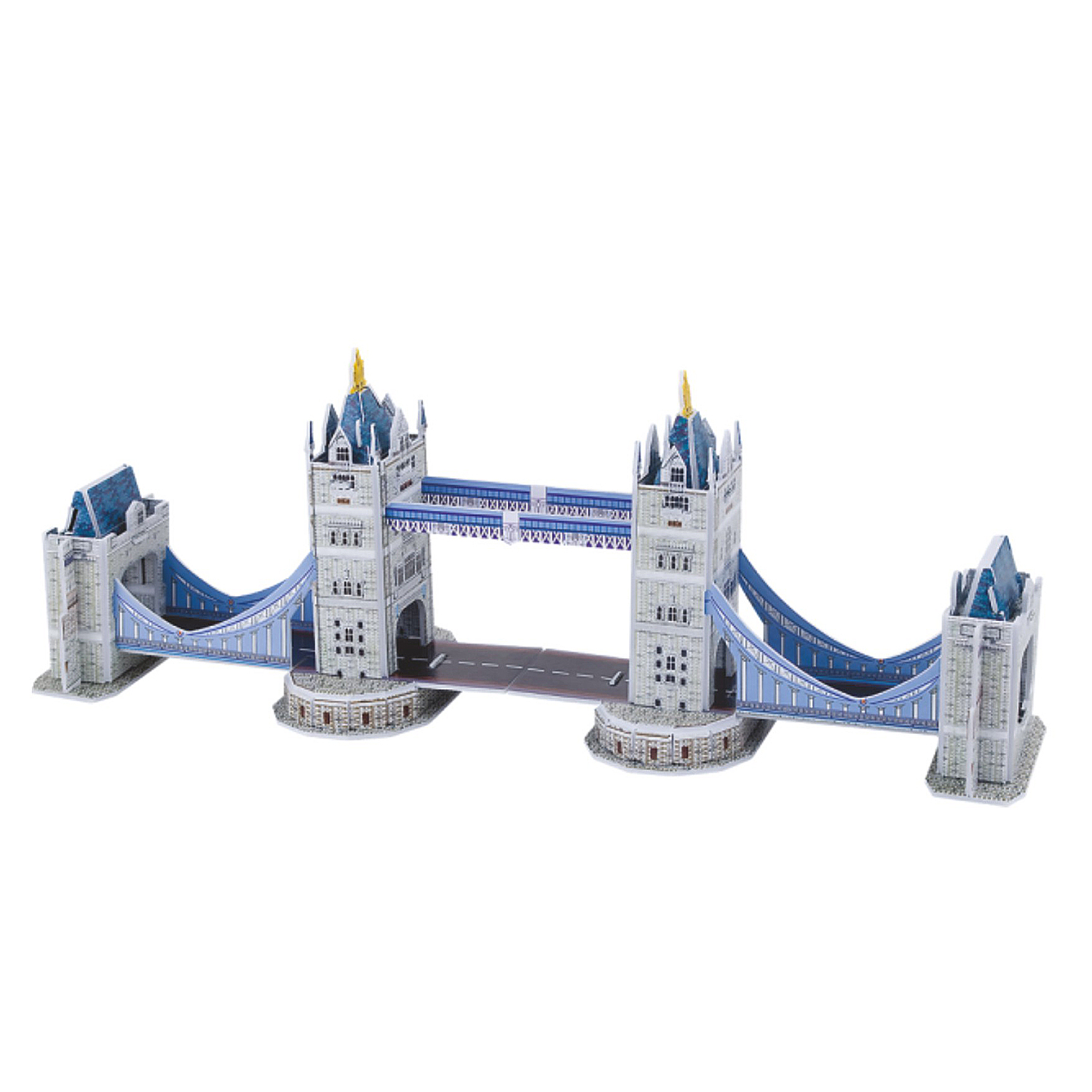 Un dettagliato modello 3D del Tower Bridge con sospensione blu e torri grigie.