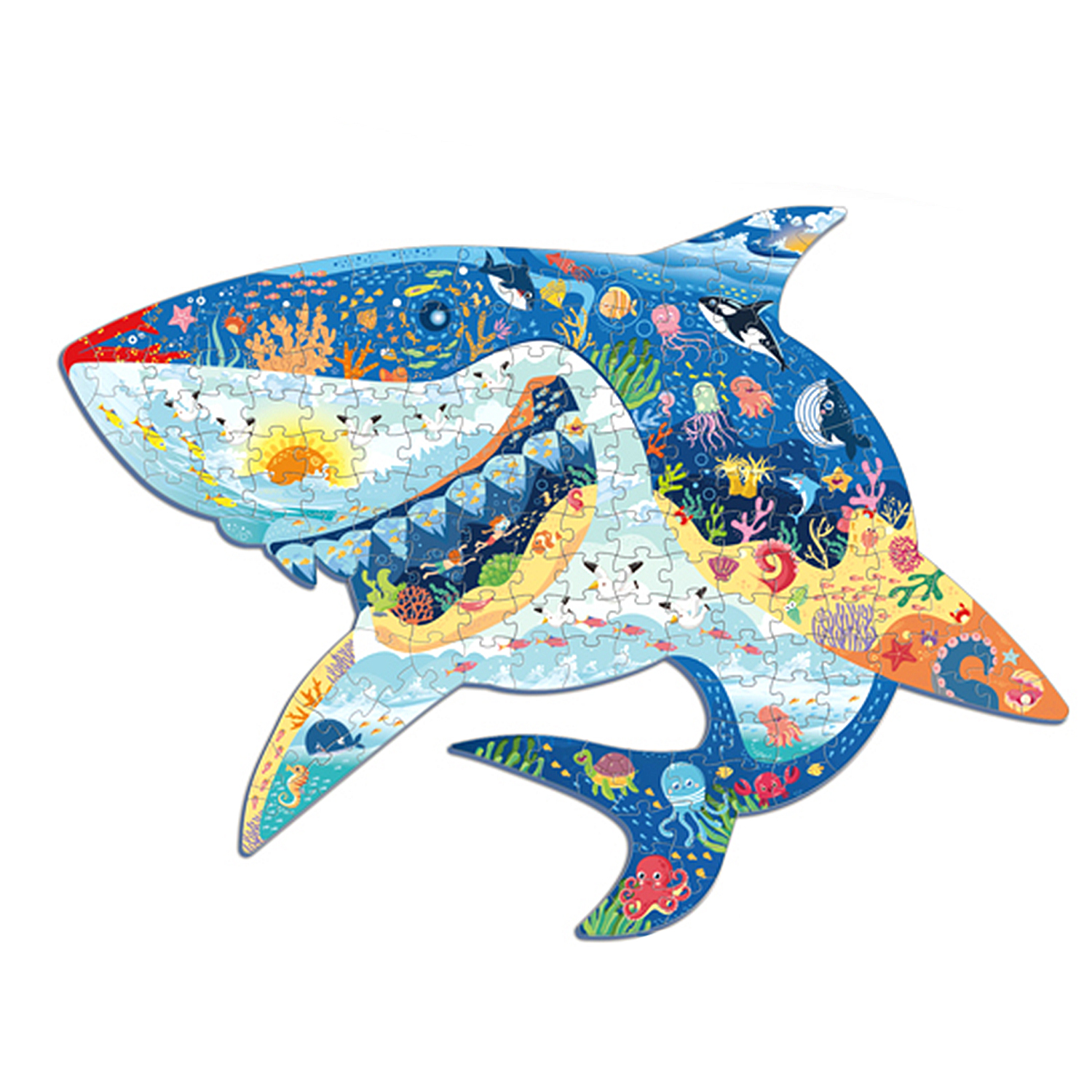 Un puzzle a forma di squalo colorato raffigurante una scena sottomarina con varie creature marine.