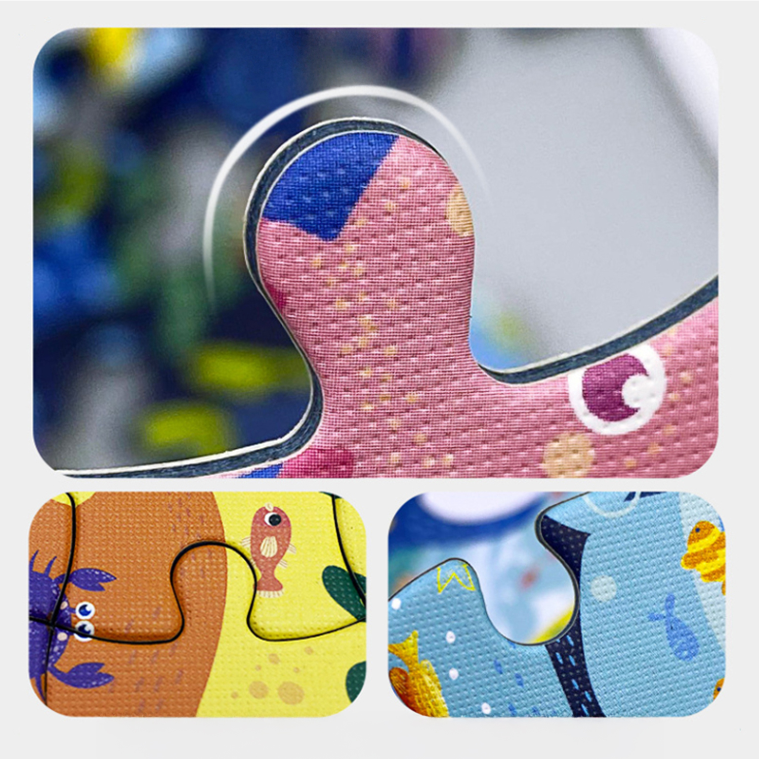 Primo piano di pezzi del puzzle con motivi animali e motivi colorati.