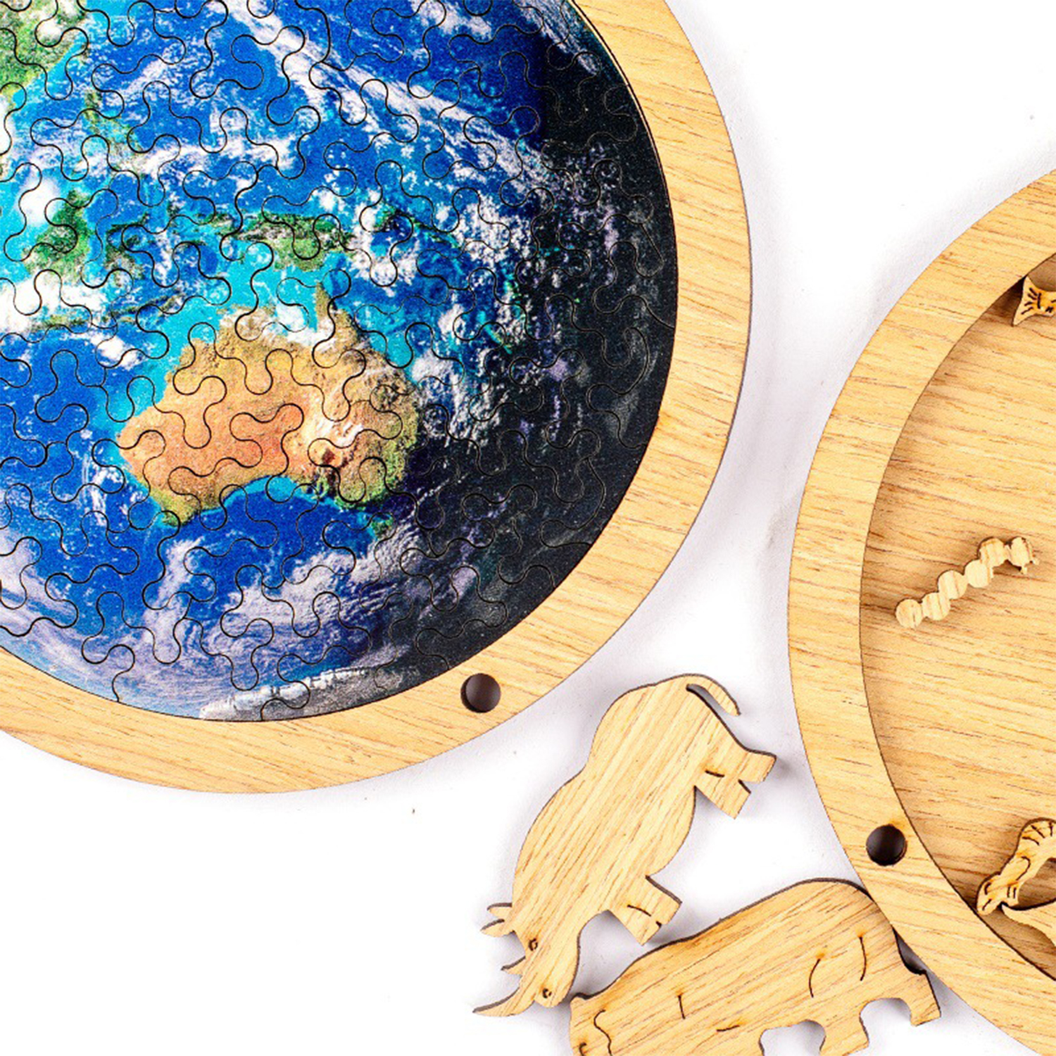 Un puzzle di legno mostra la Terra, con animali di legno sotto.