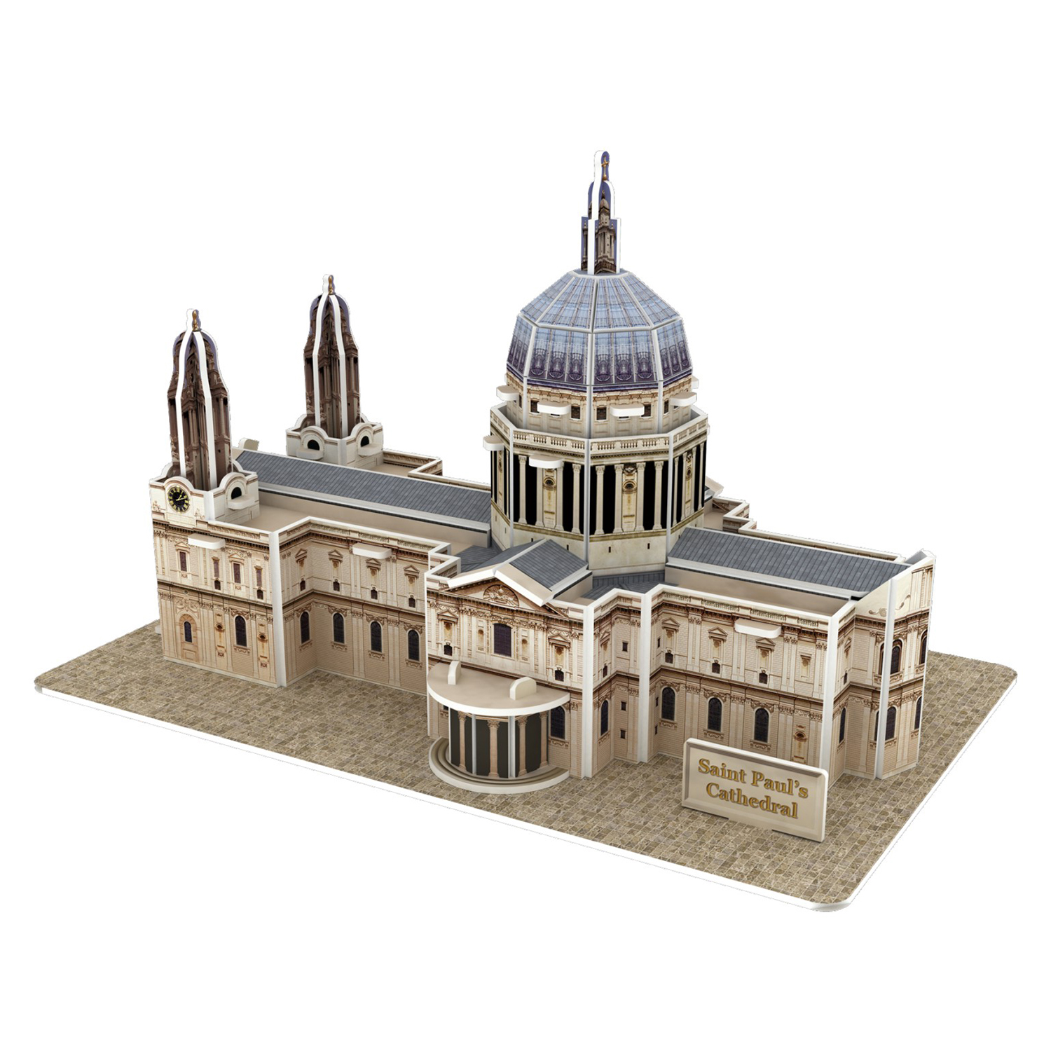 Modello 3D della Cattedrale di San Paolo con cupola in vetro e due torri su base testurizzata.