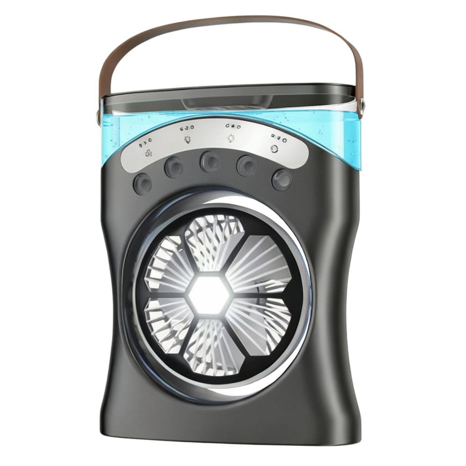 Een draagbare zwarte ventilator met blauw waterreservoir en leren handvat.