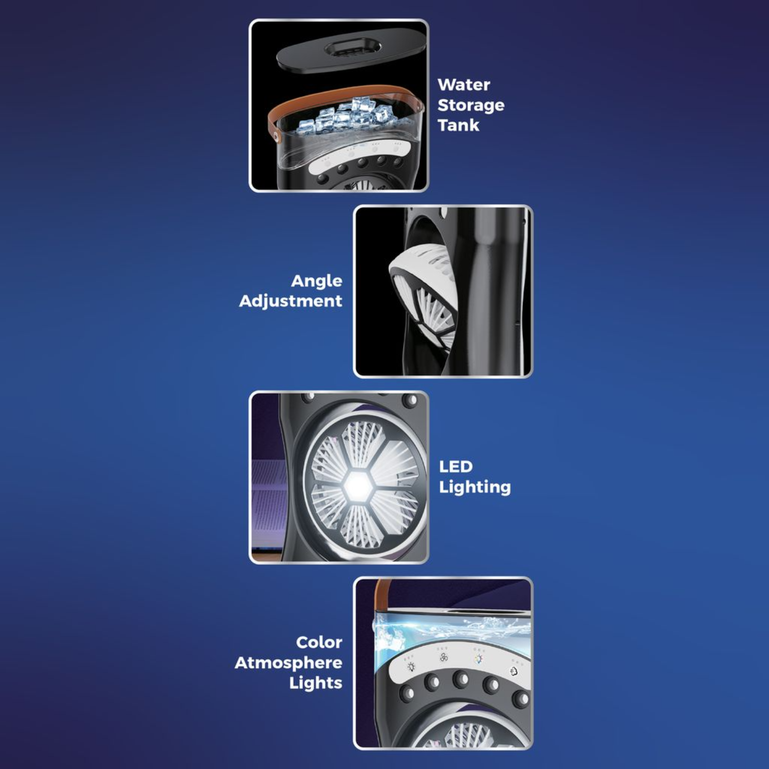Productkenmerken: watertank, hoekverstelling, LED-verlichting, sfeerverlichting.