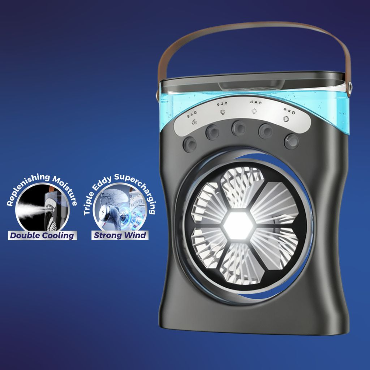 Een draagbare ventilator met blauw waterreservoir, zilveren ventilatorbladen en knoppen.