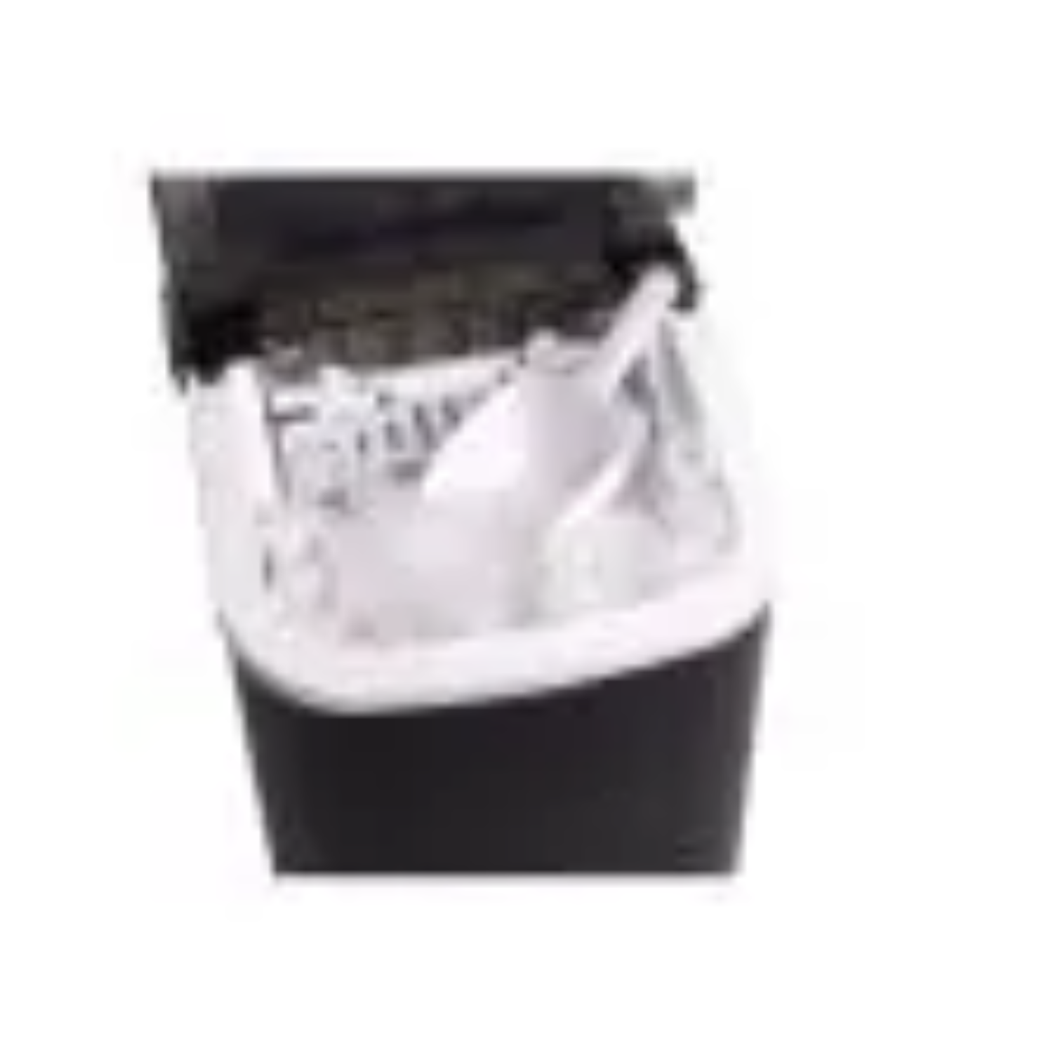 A white scoop rests in a black container filled with ice cubes.