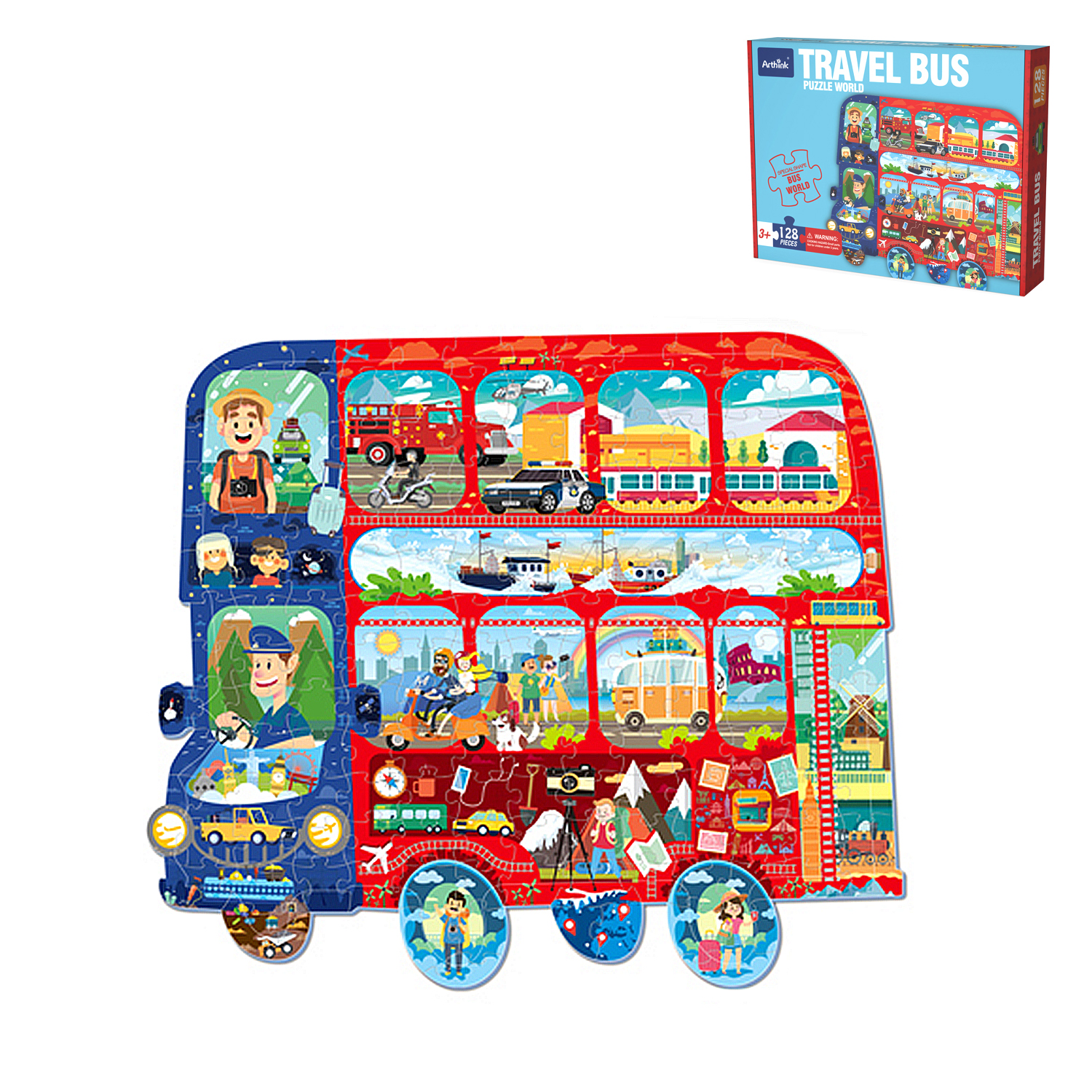 Un puzzle di autobus a due piani blu e rosso e la sua scatola. Il puzzle mostra varie scene di viaggio.