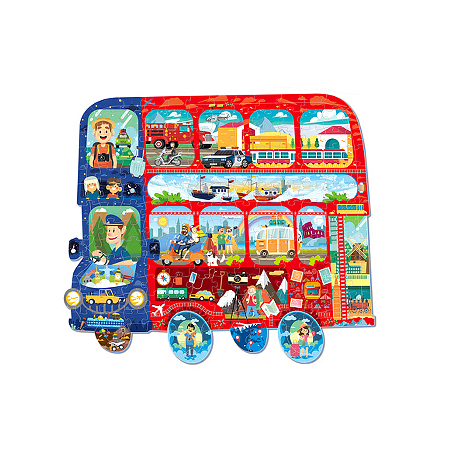 Un puzzle di un autobus rosso a due piani con varie scene e veicoli.