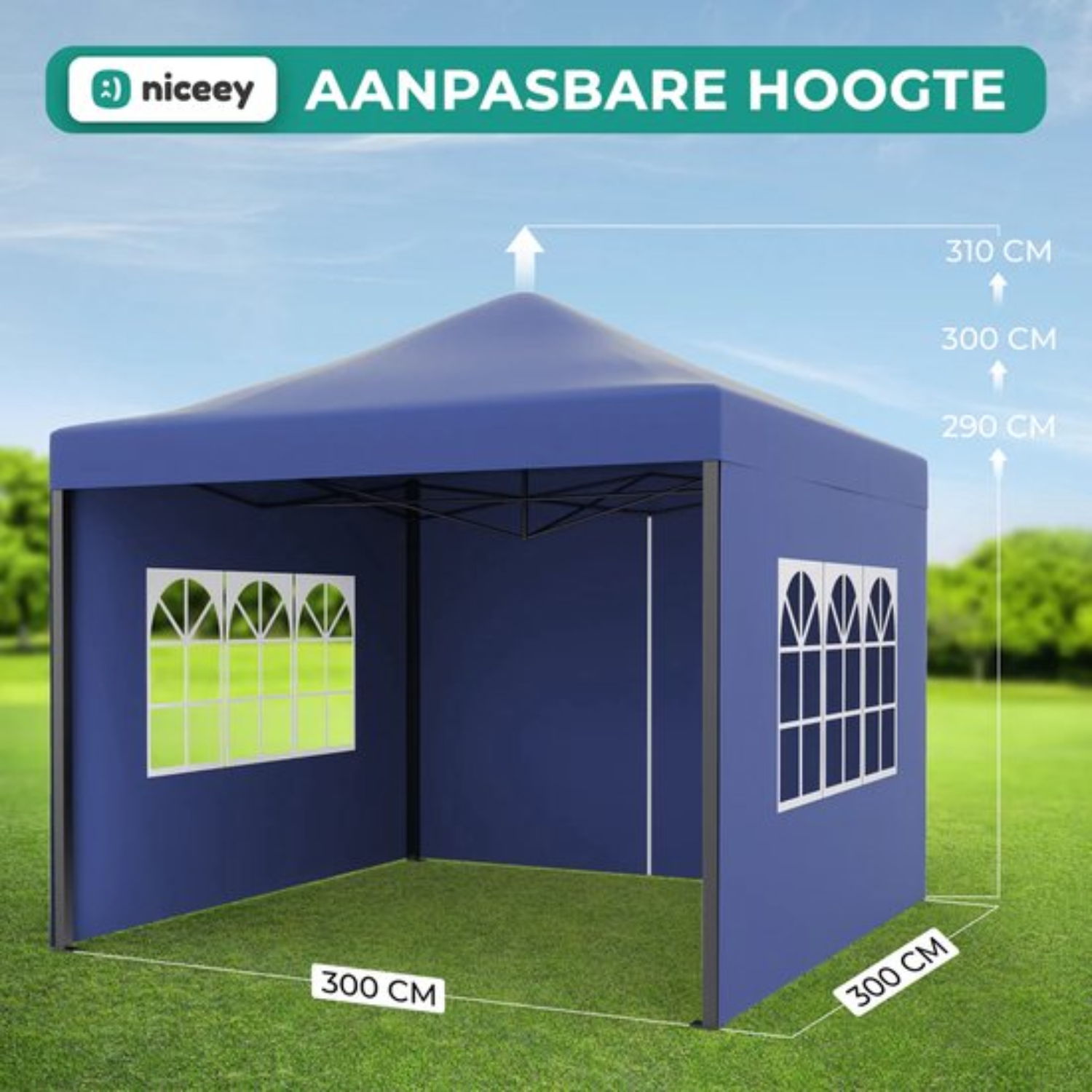 A blue tent with windows showing height measurements of 290, 300, and 310 cm.