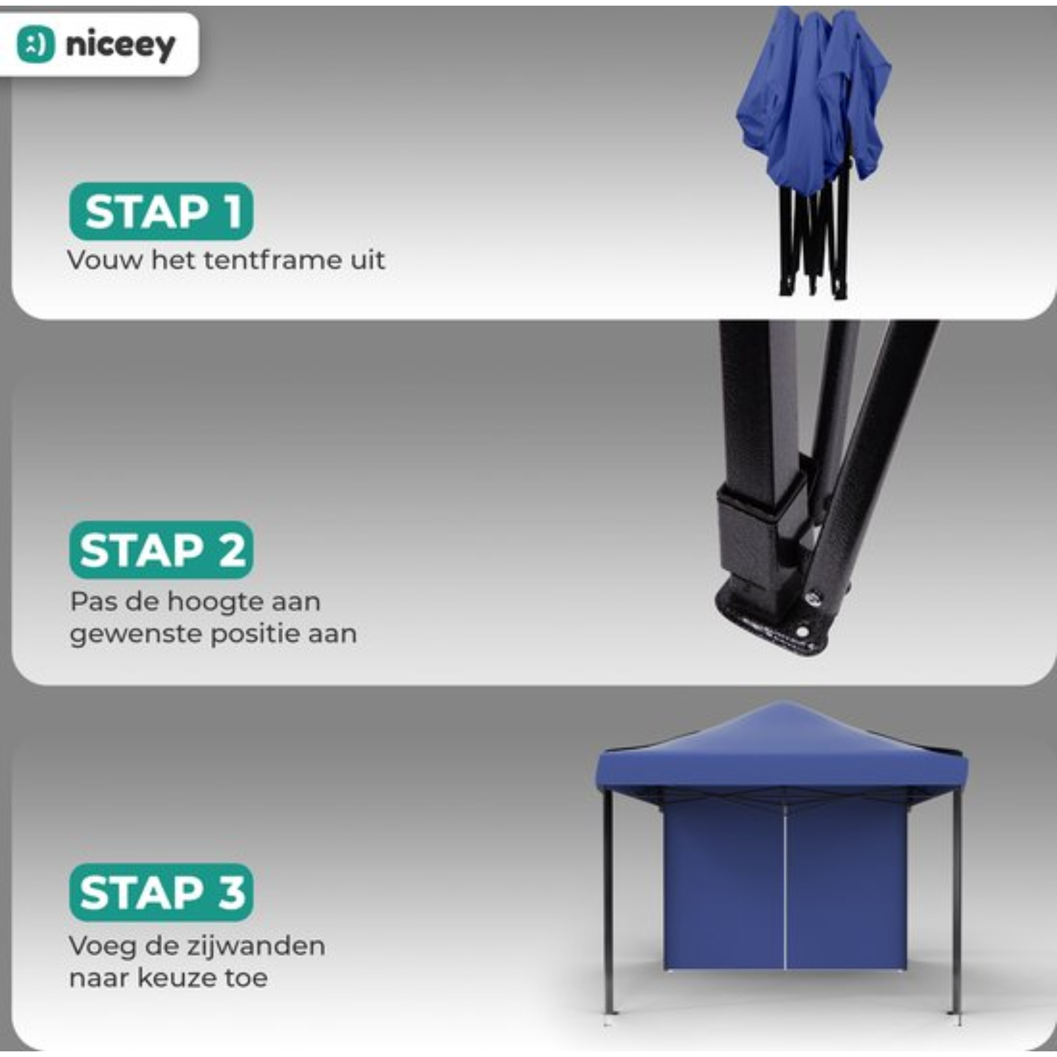 Step 1: Unfold tent frame. Step 2: Adjust height. Step 3: Add side walls.