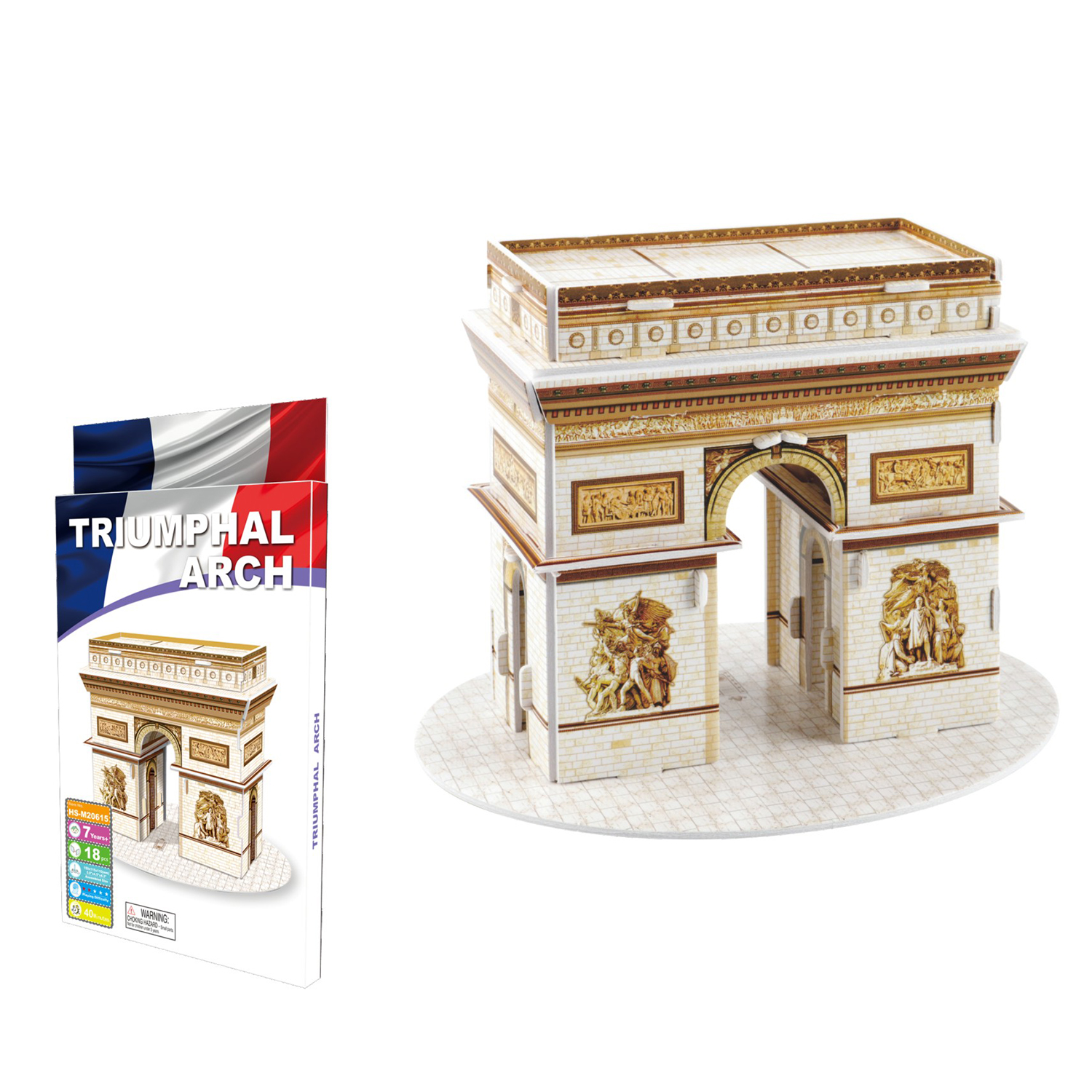 Puzzle 3D dell'Arco di Trionfo con bandiera francese e confezione.