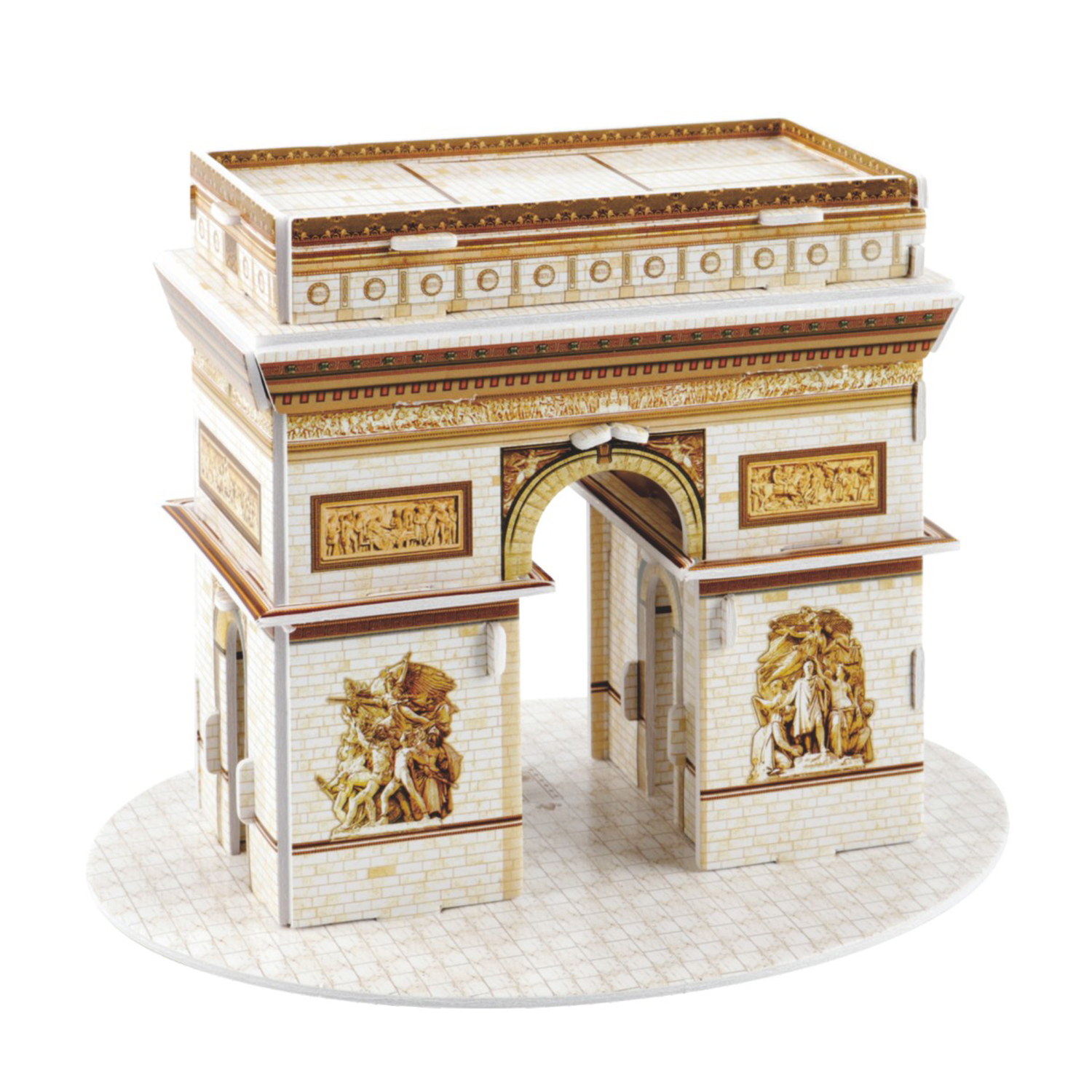 Puzzle 3D dell'Arco di Trionfo con rilievi dettagliati su base di pietra.