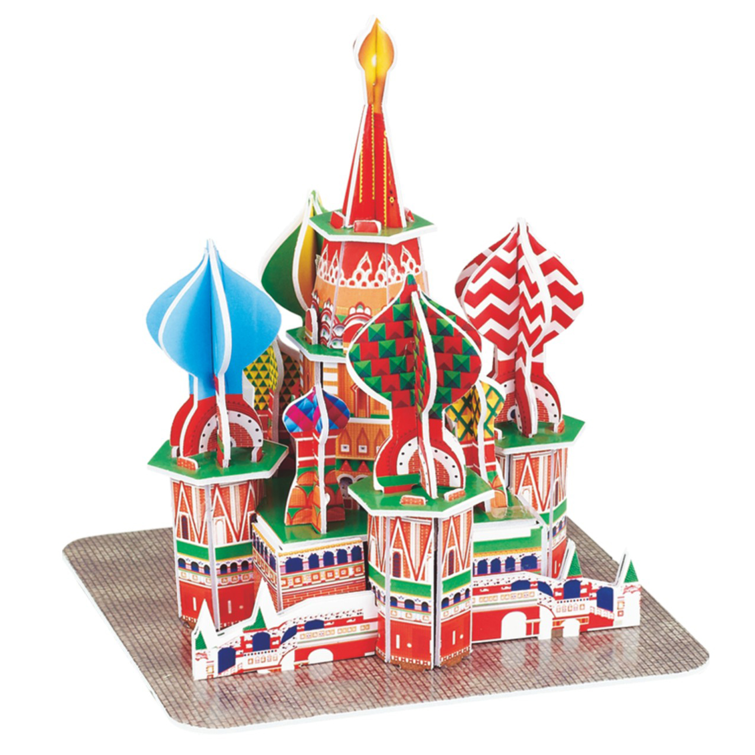 Un colorato puzzle 3D di una chiesa russa con cupole vivaci su una base grigia.