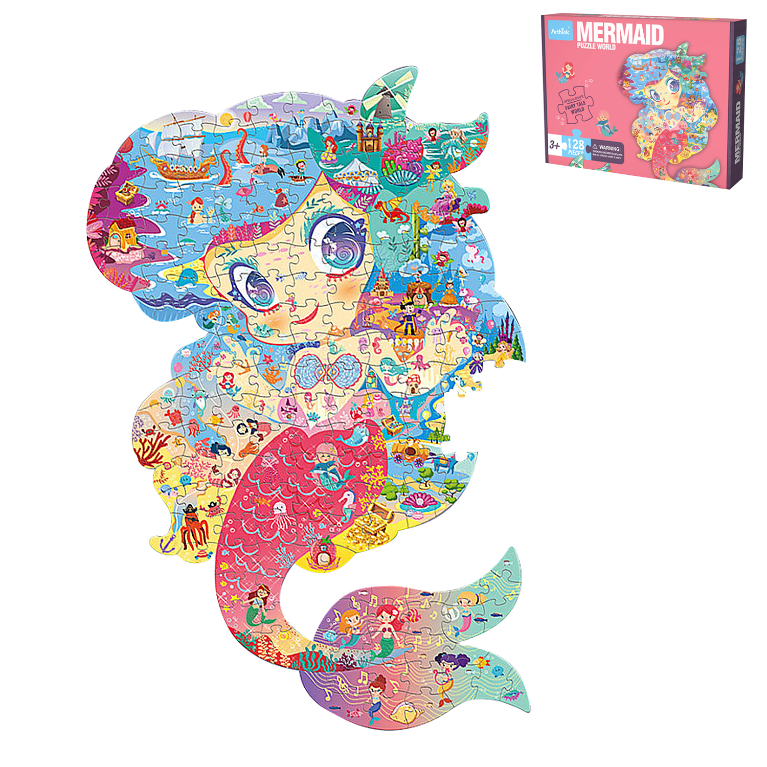Un puzzle a forma di sirena con scene e personaggi colorati.