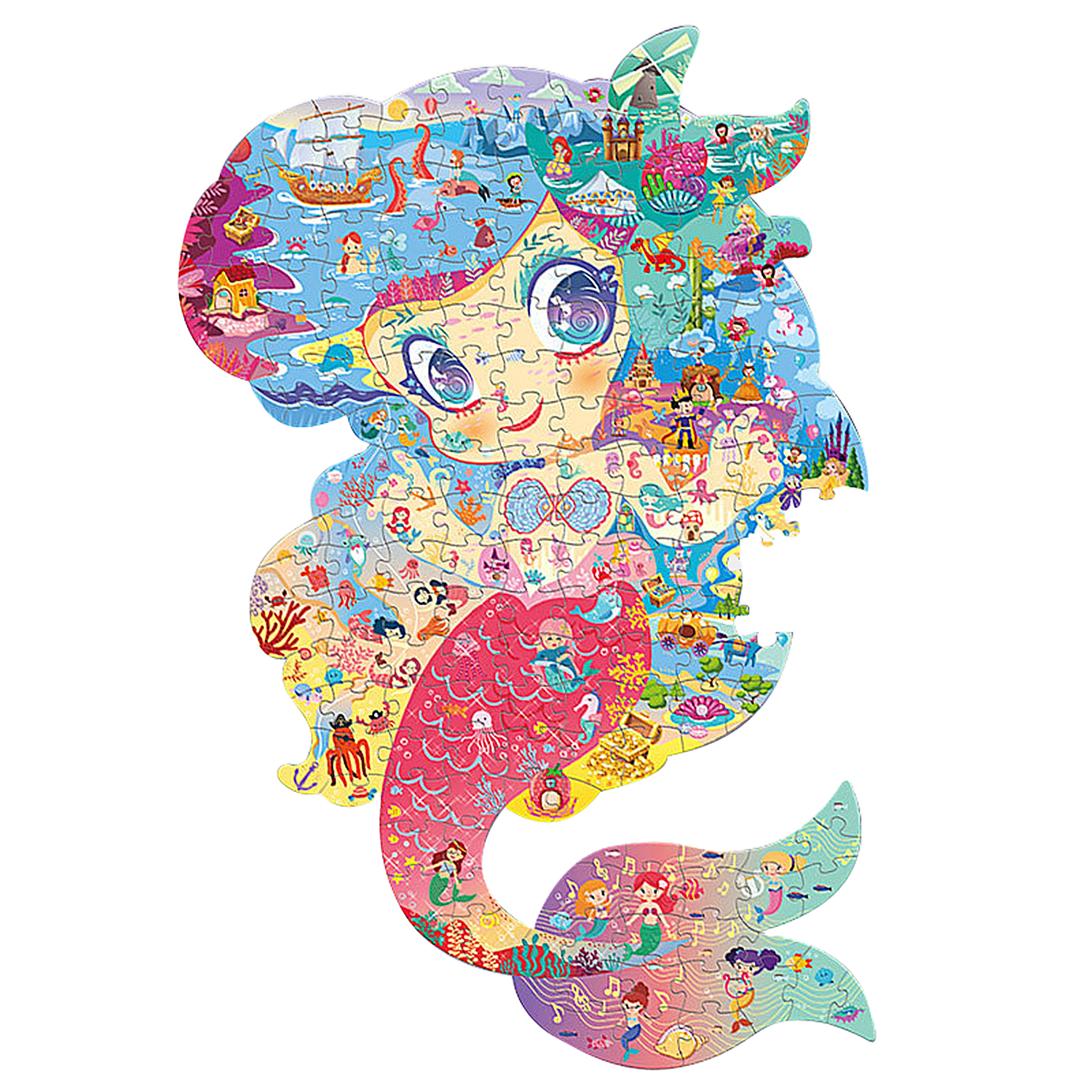 Un puzzle colorato raffigurante una sirena con scene dal mondo sottomarino.