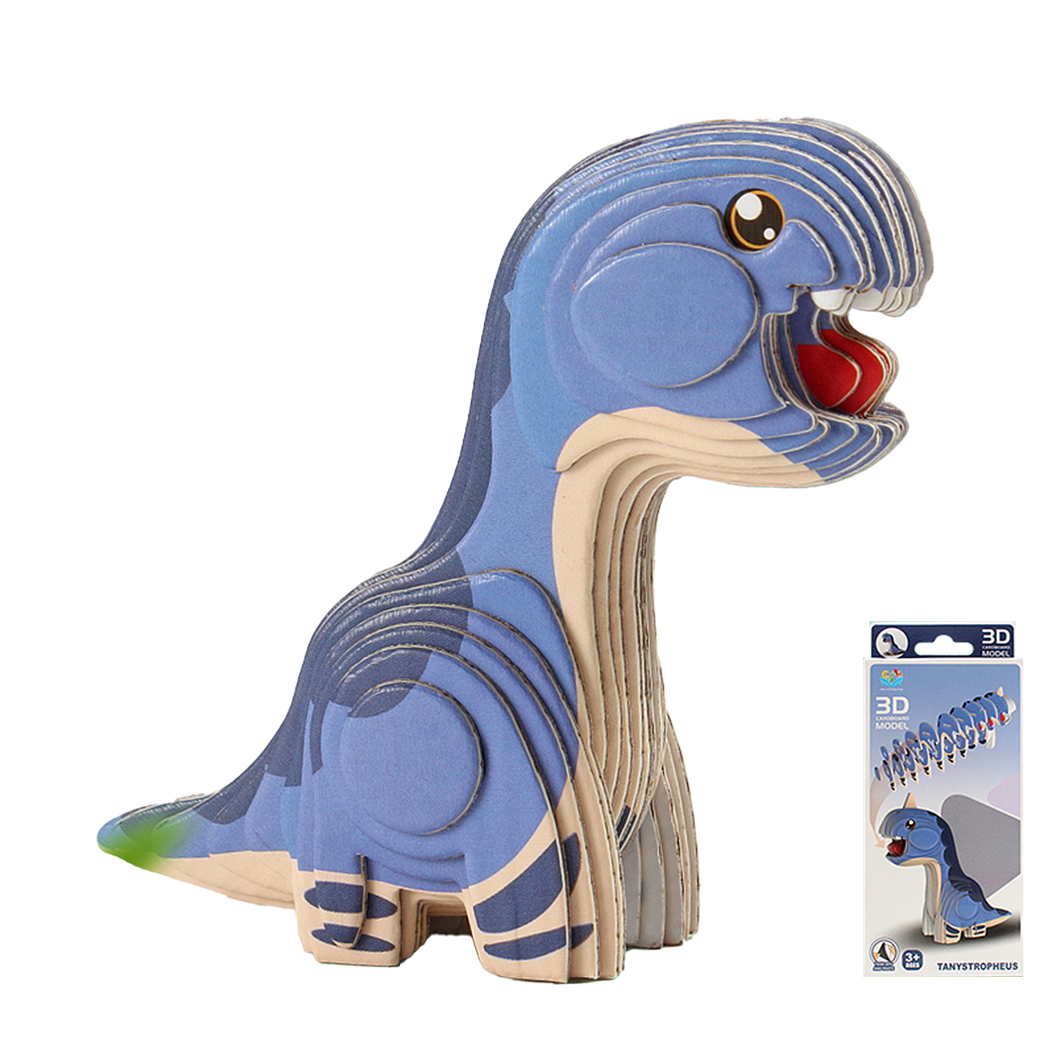 Un modello di dinosauro in cartone blu con bocca rossa e punta della coda verde.