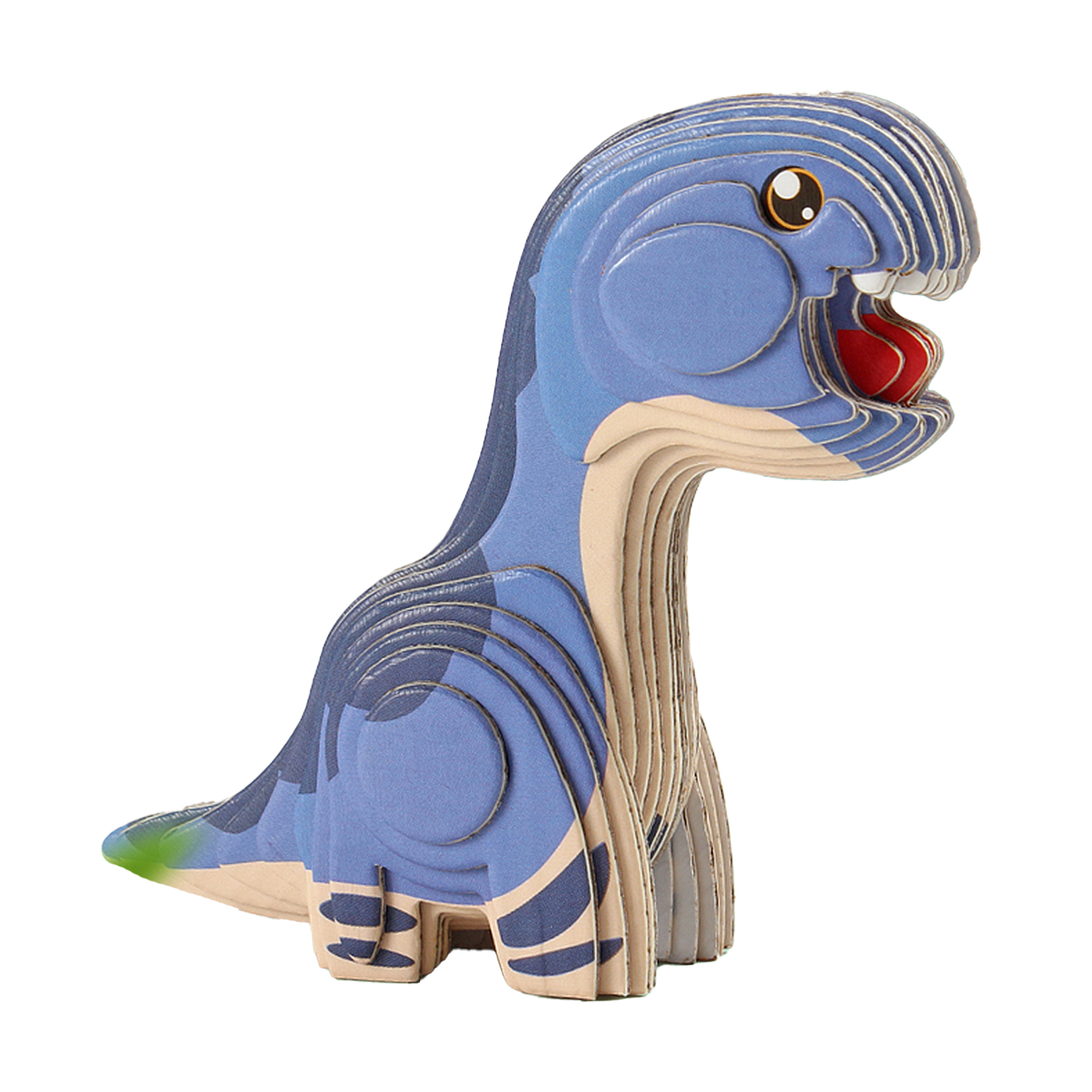 Un giocattolo dinosauro di cartone blu con bocca aperta e lingua rossa.