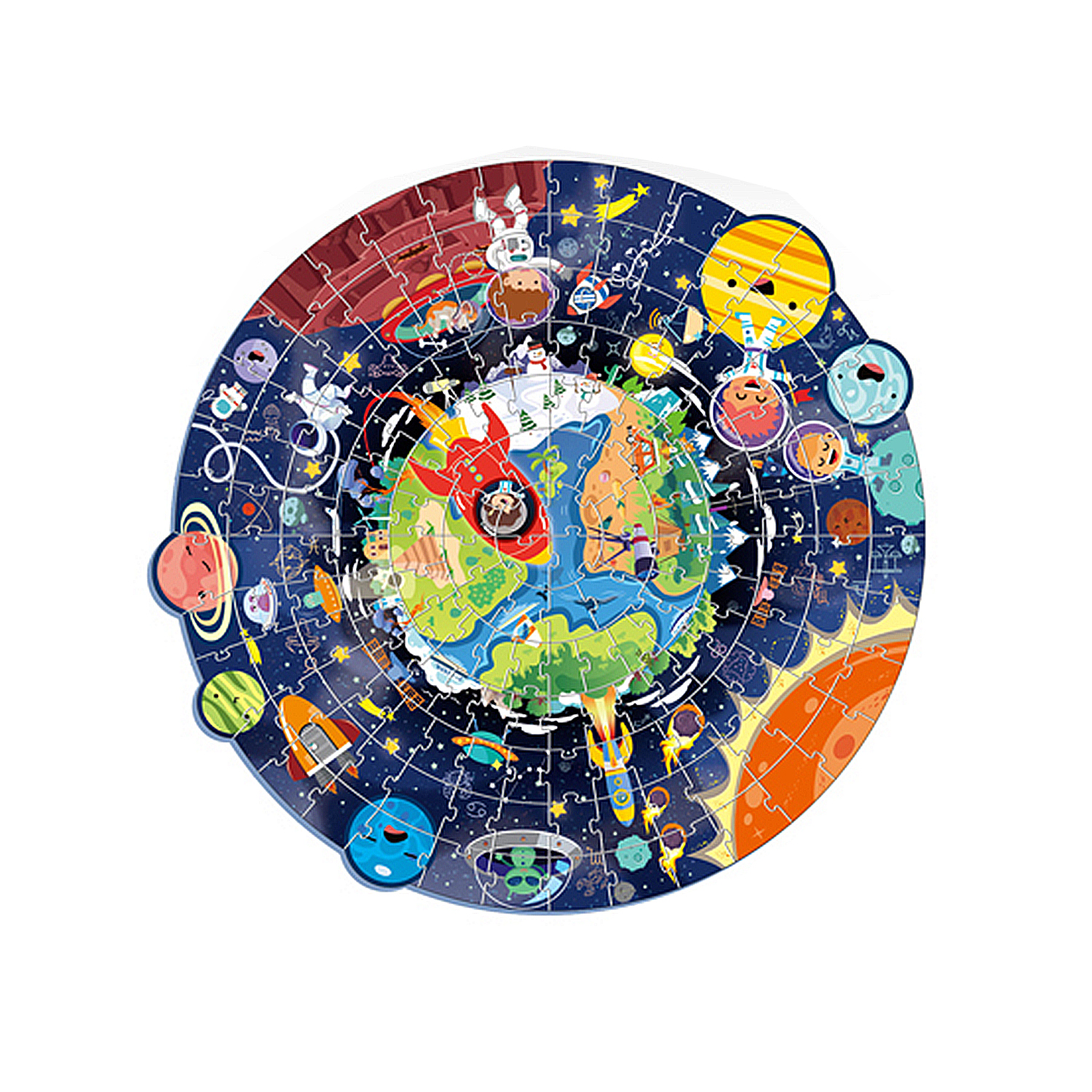 Un puzzle rotondo mostra la Terra con astronave, astronauti e pianeti nello spazio.