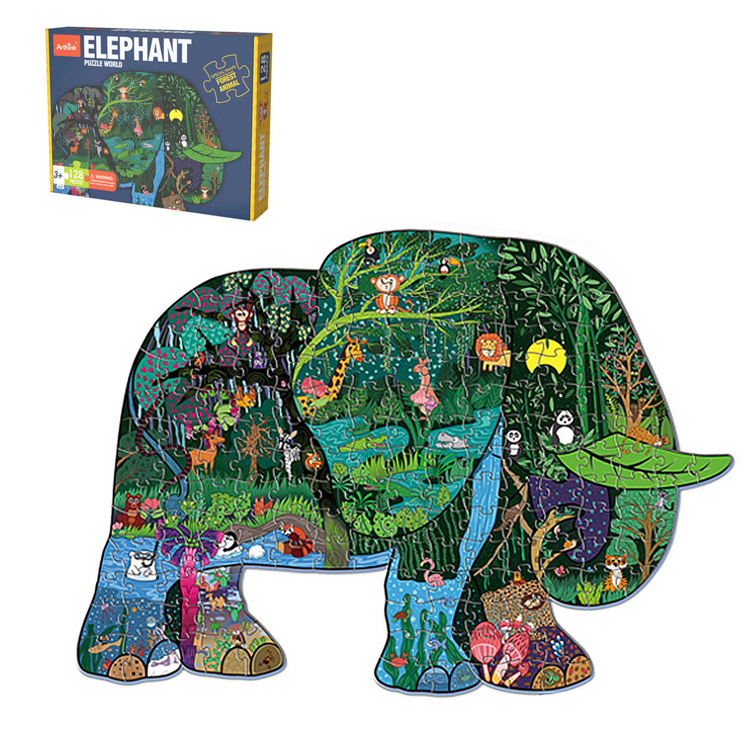Puzzle elefante con animali del bosco e cascate. Colorato e dettagliato.