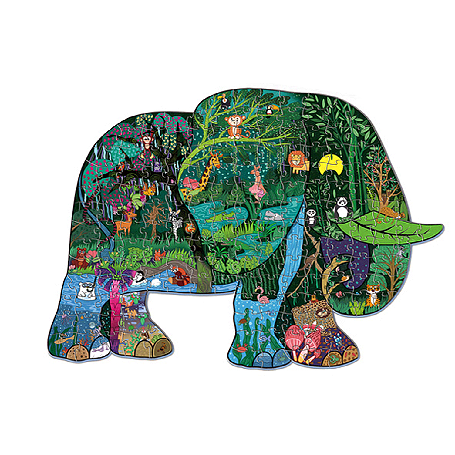 Un puzzle a forma di elefante raffigura una scena di giungla con animali.
