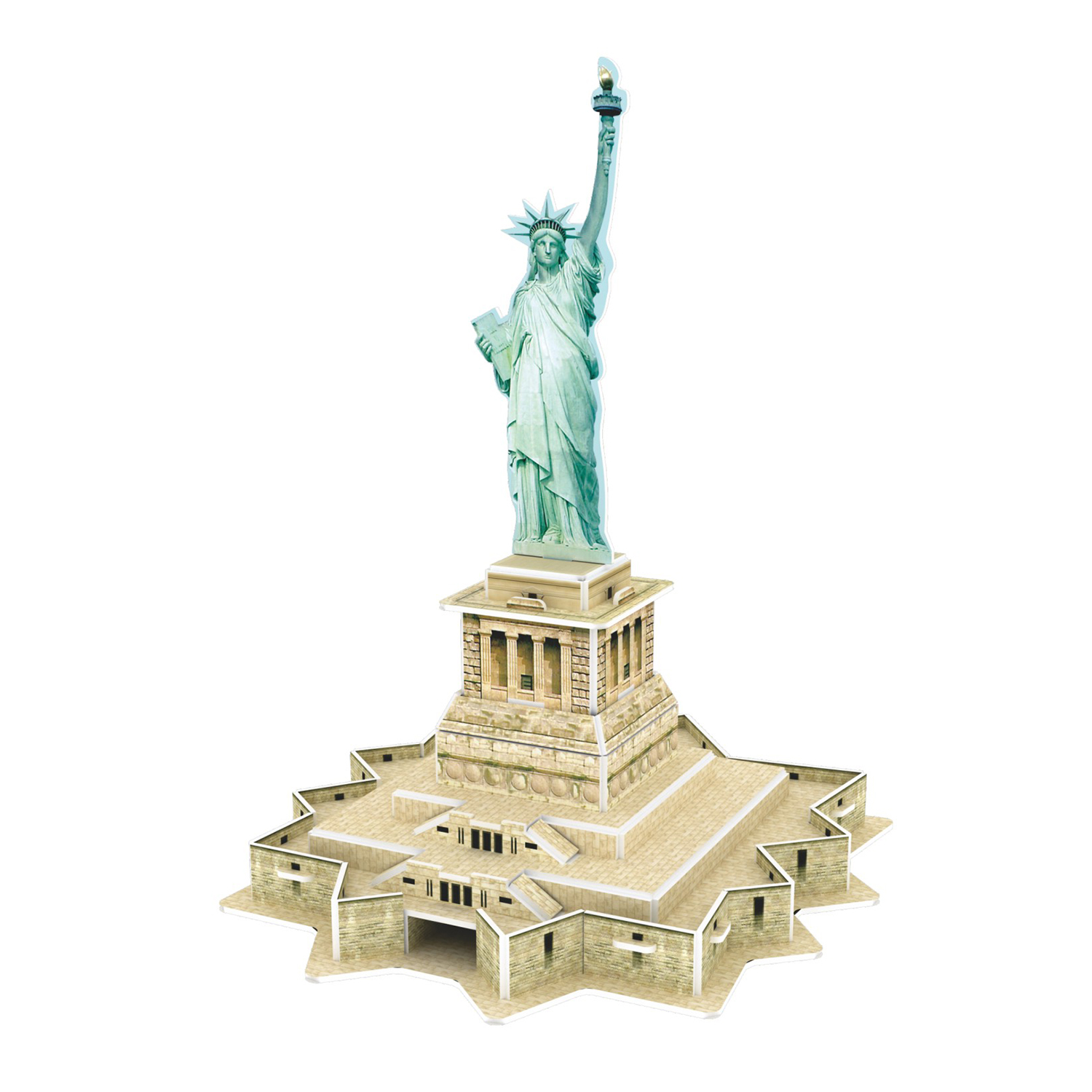 Un modello della Statua della Libertà con torcia e libro su un piedistallo di pietra.
