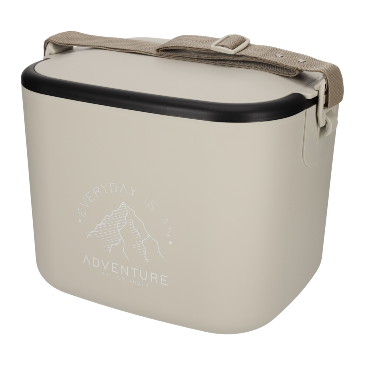 Beige koeltas met zwarte rand en beige band, met bergprint.