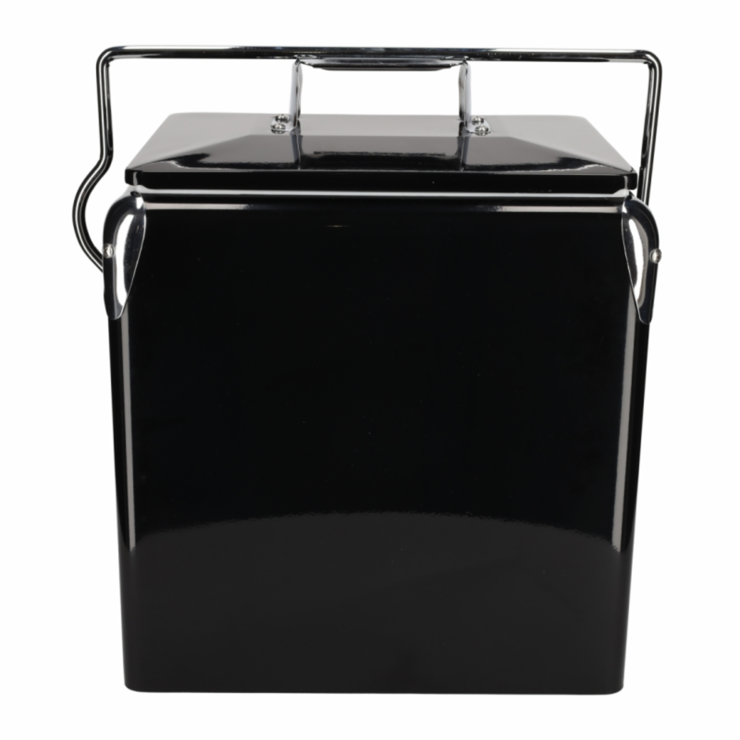 Black cooler box with silver handle and latches, white background.