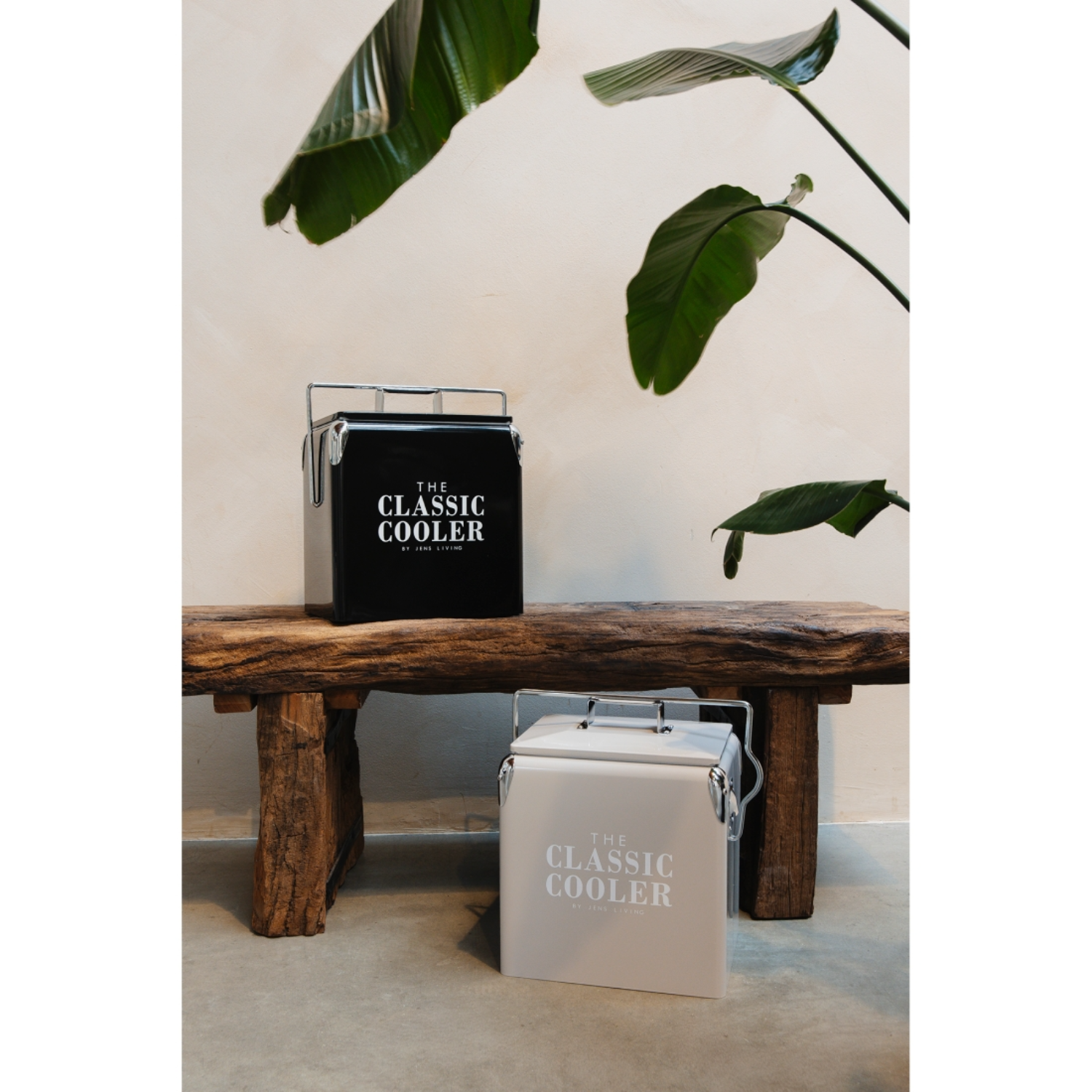 Two coolers on a wooden bench: black and light gray. Plants in the background.