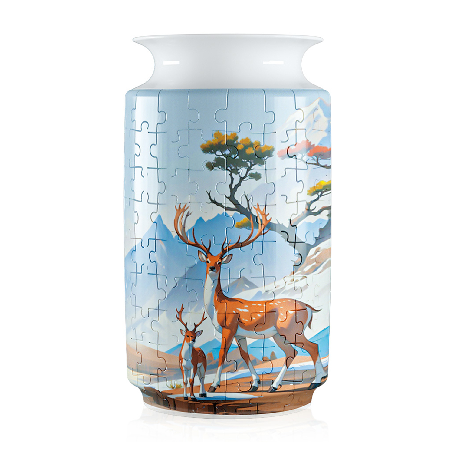 Vaso con motivo di cervo, paesaggio montano stile puzzle.