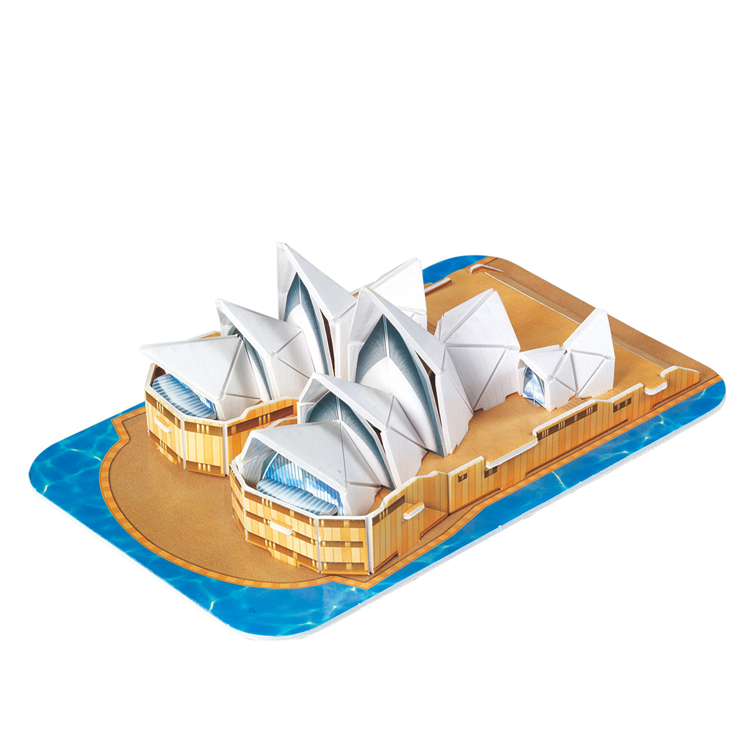 Modello della Sydney Opera House con tetti a vela bianchi su base arancione circondata da acqua blu.
